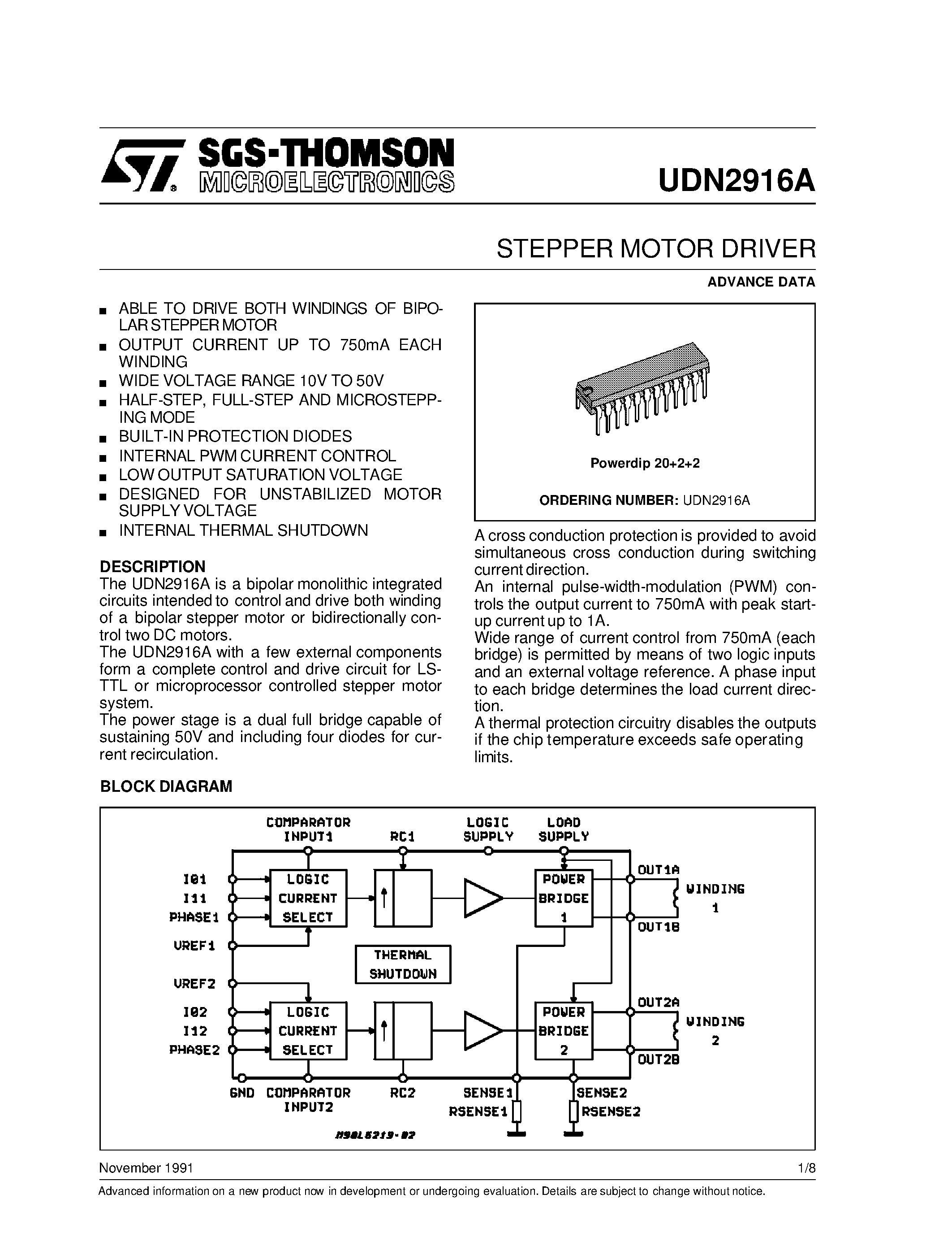 Даташит UDN2916A - STEPPER MOTOR DRIVER страница 1
