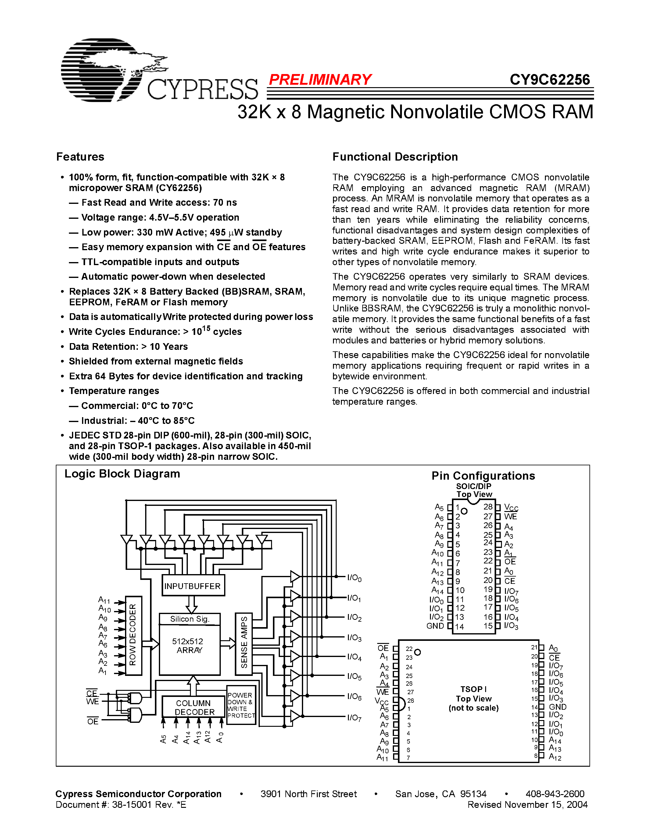 Даташит на микросхему CY9C62256 страница 1 Даташит CY9C62256 - 32K x 8 Magnetic Nonvolatile CMOS RAM страница 1