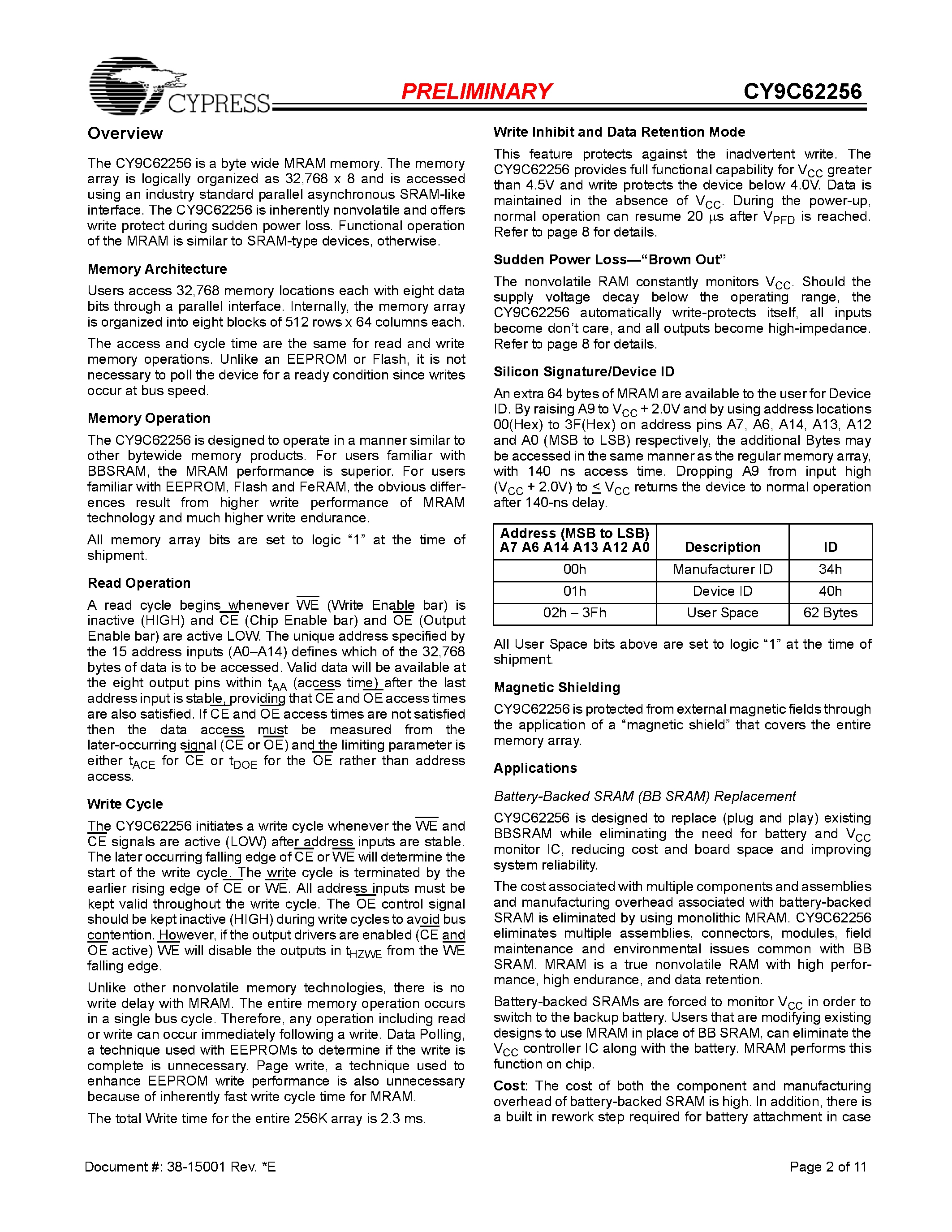 Даташит на микросхему CY9C62256 страница 2 Даташит CY9C62256 - 32K x 8 Magnetic Nonvolatile CMOS RAM страница 2