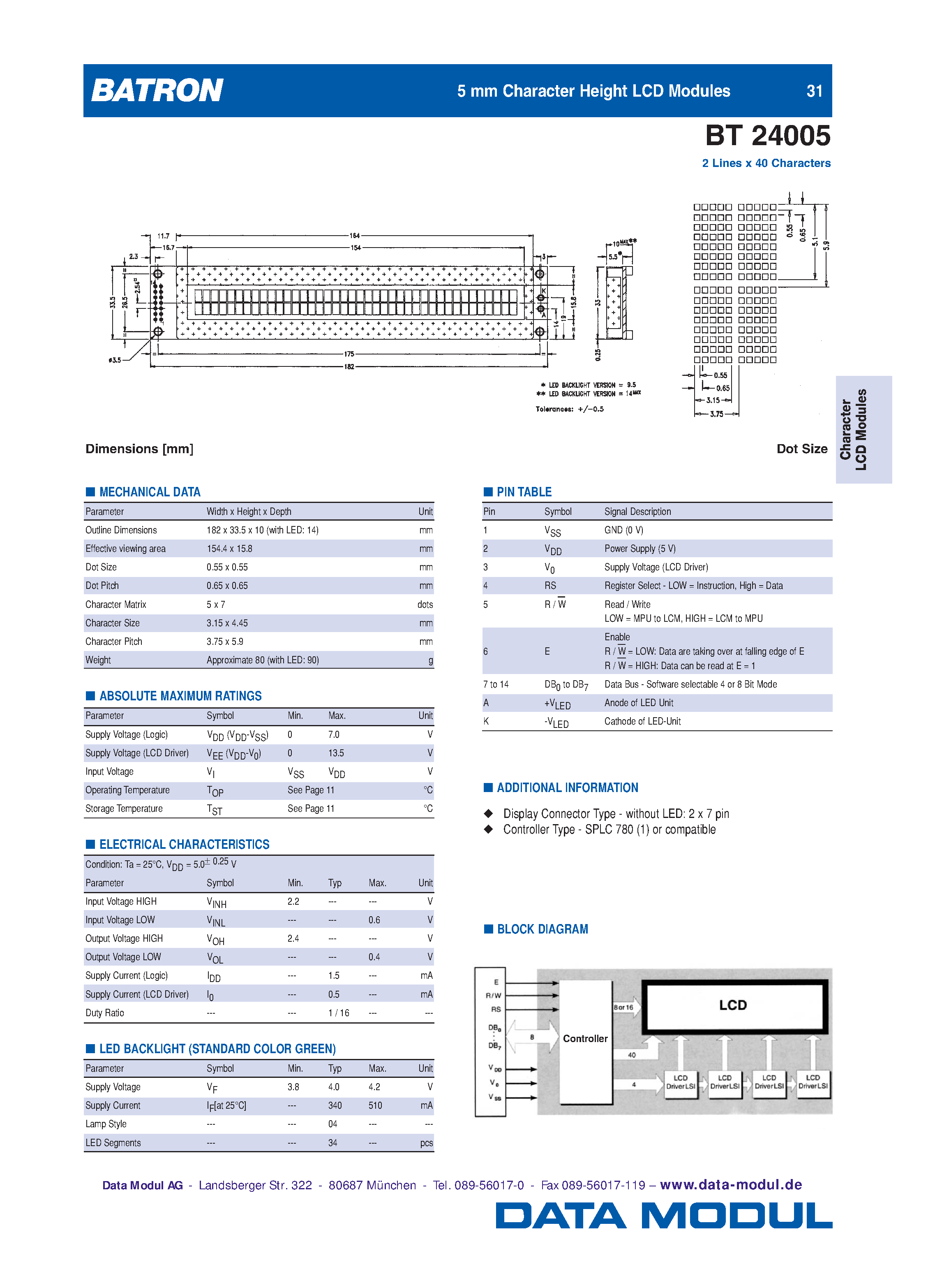 Datasheet BT24005 - 5 mm Character Height LCD Modules page 1