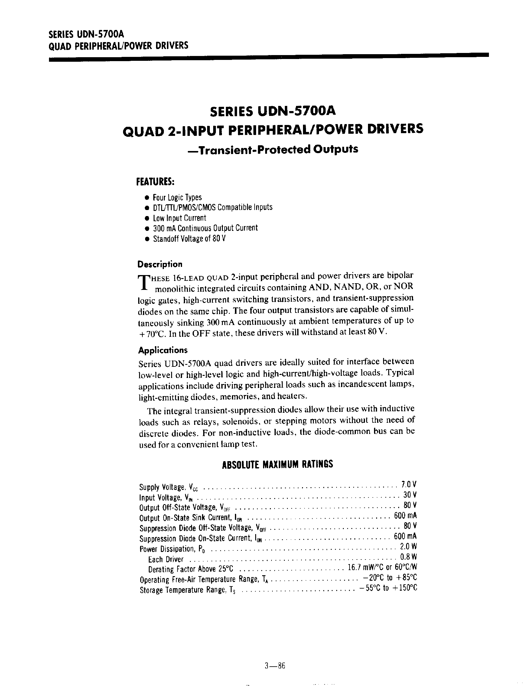 Datasheet UDN5703A page 1 Datasheet UDN5703A - (UDN5700 Series) Quad 2 Input Peripheral / Power Drivers page 1