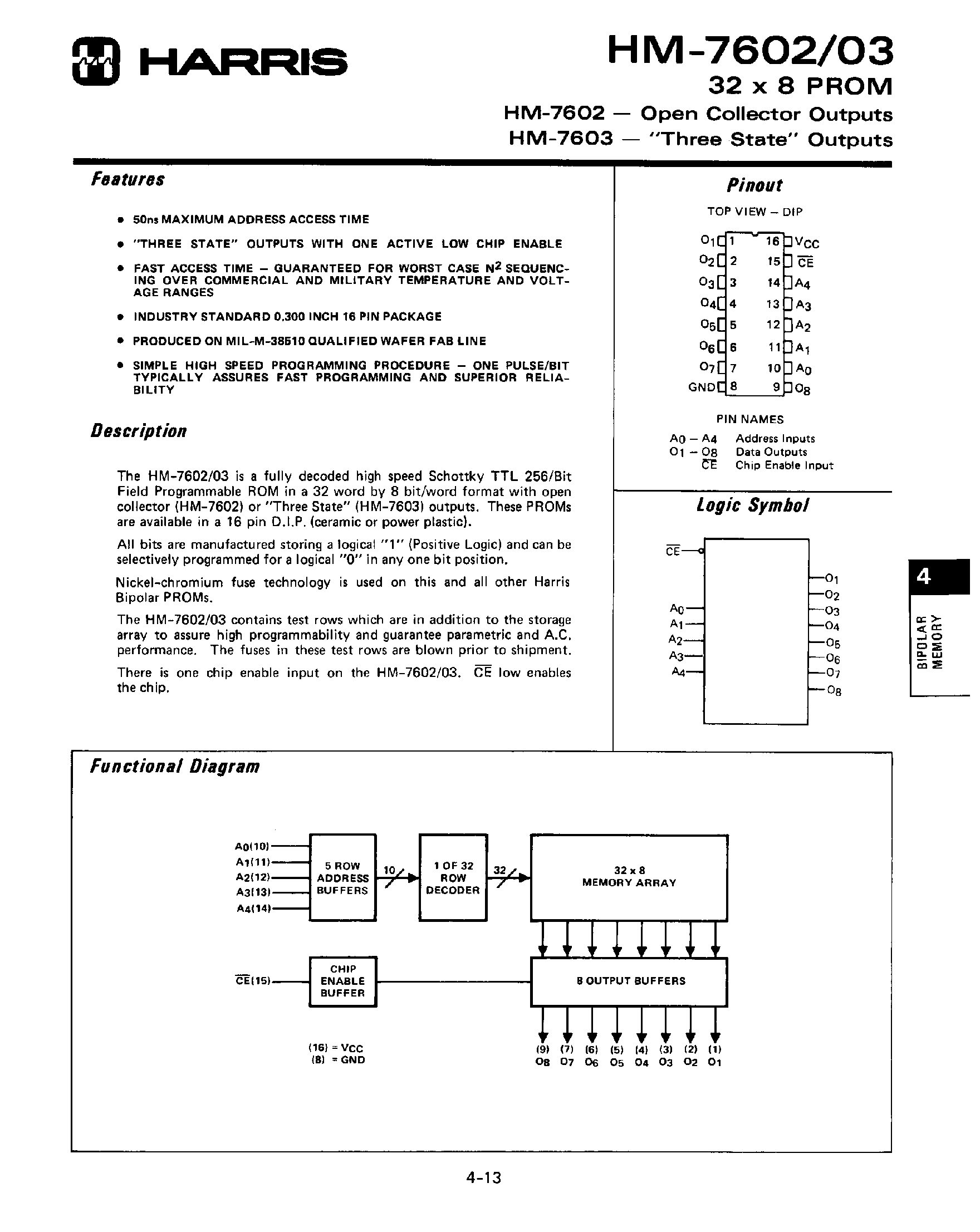 Даташит на микросхему HM-7602 страница 1 Даташит HM-7602 - (HM-7603) 32 X 8 PROM страница 1