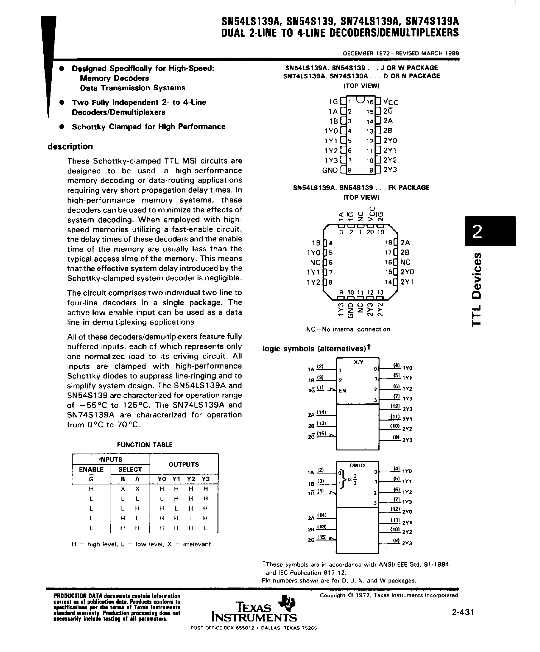 Datasheet SNC54S139 - Dual 2 Line to 4 Line Decoders / Demultiplexers page 1