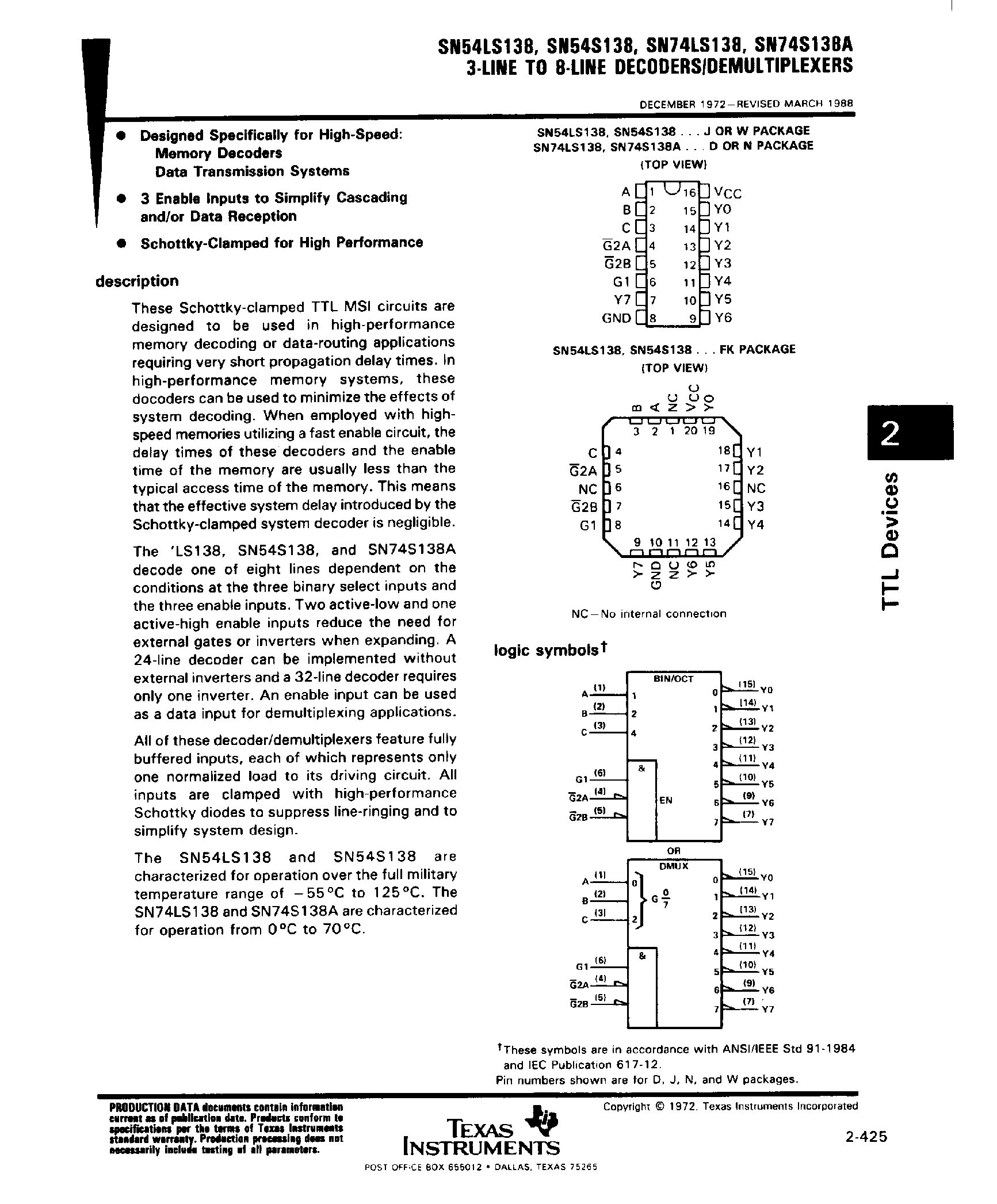 Datasheet SNC54S138 page 1 Datasheet SNC54S138 - Dual 3 Line to 8 Line Decoders / Demultiplexers page 1