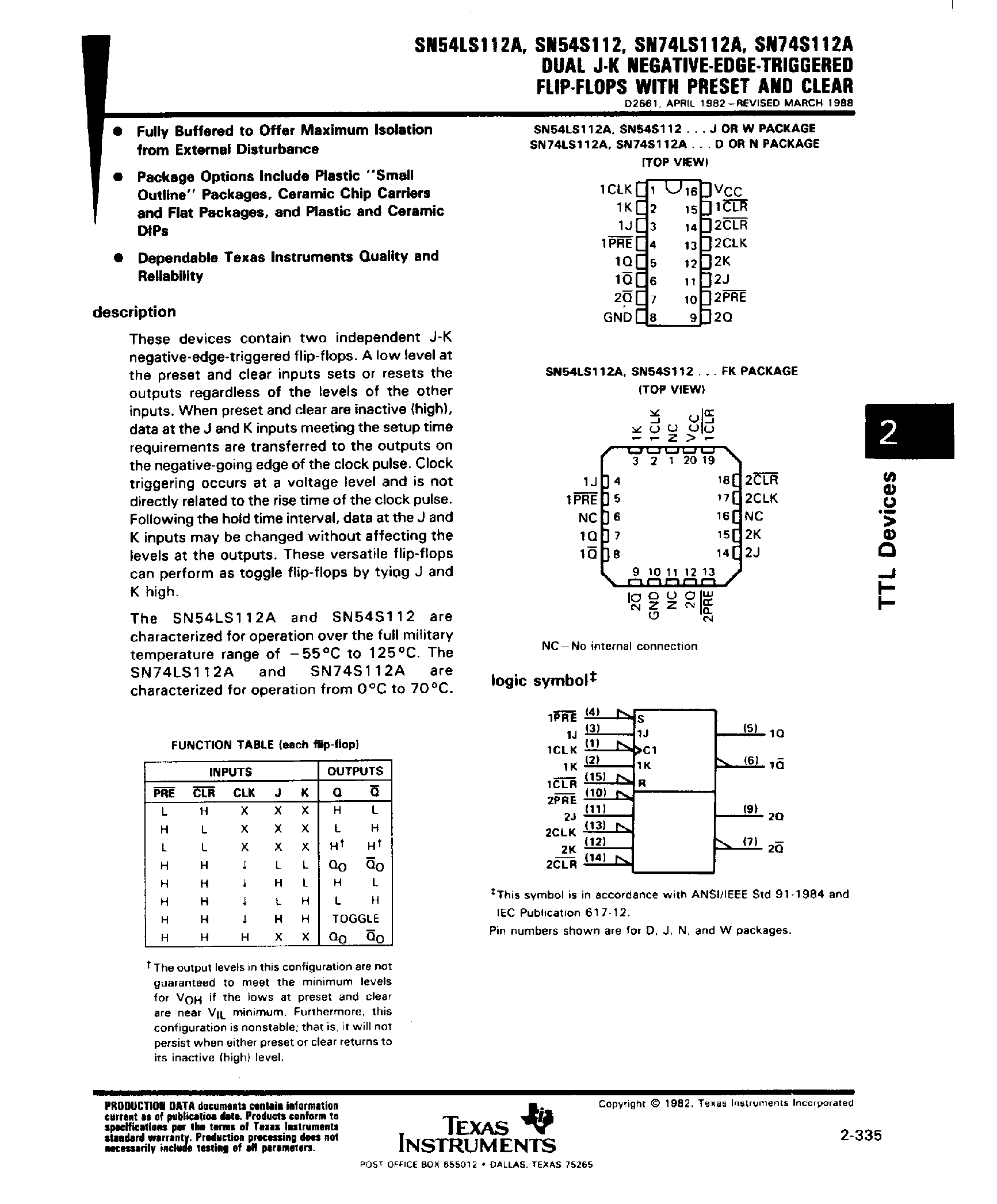 Datasheet SNC54S112 - Dual J-K Negative EDGE Triggered F-F page 1
