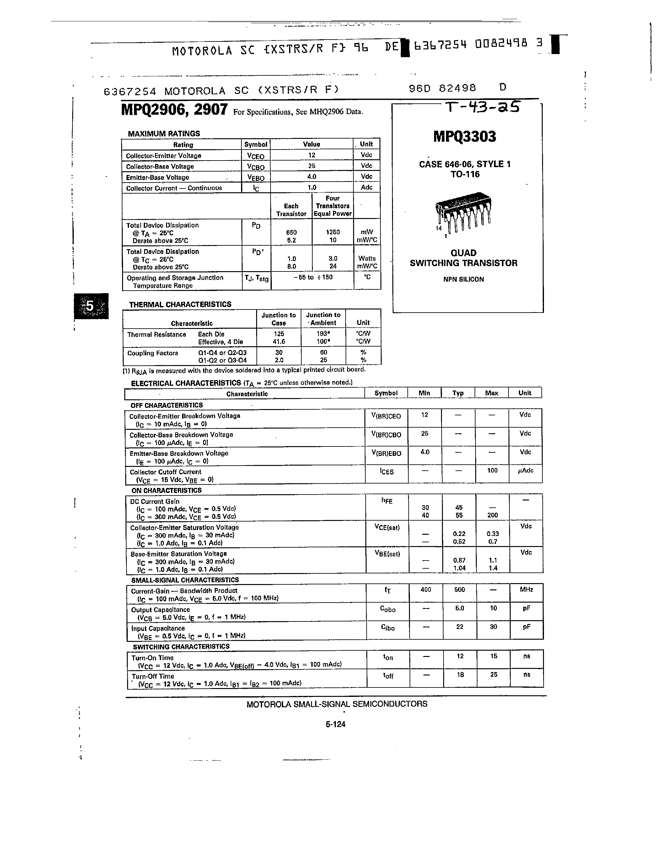 Datasheet MPQ2907 page 1 Datasheet MPQ2907 - (MPQ2906) QUAD SWITCHING TRANSISTOR page 1