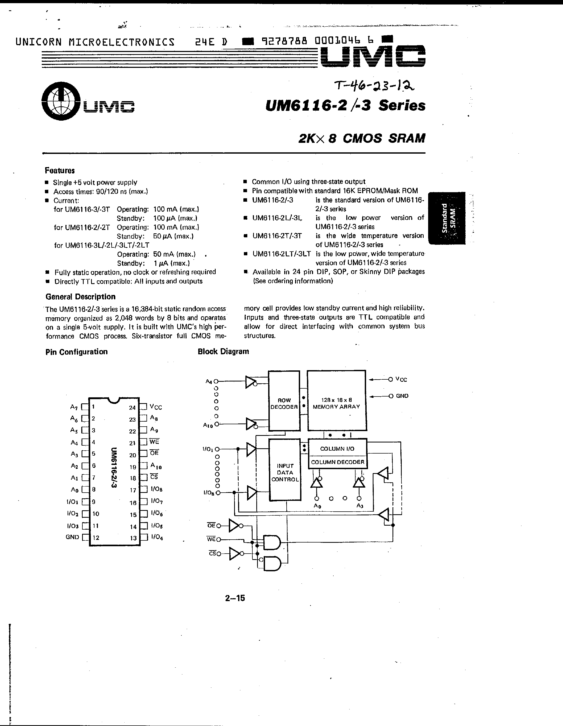 Datasheet UM6116-2 - (UM6116-3) 2k x 8 CMOS SRAM page 1