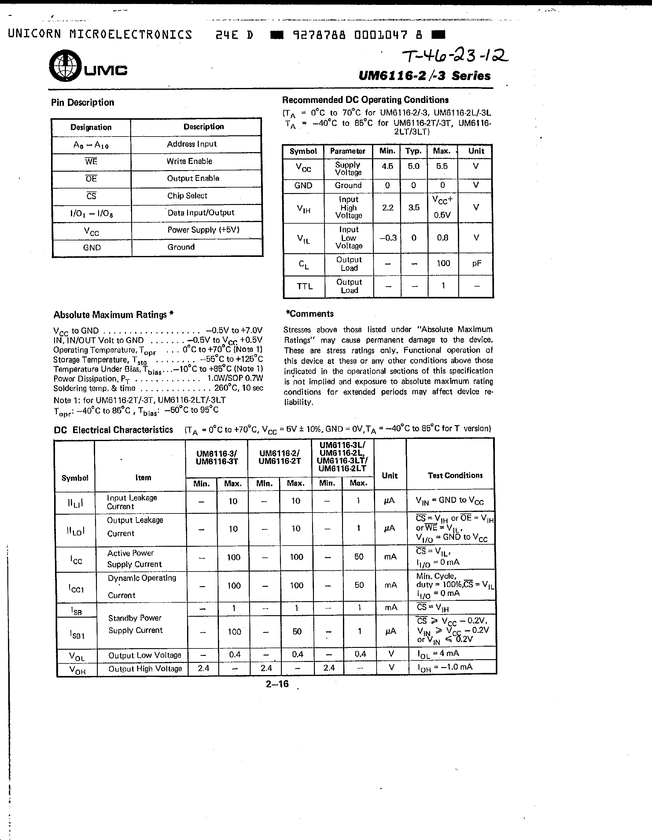 Datasheet UM6116-2 - (UM6116-3) 2k x 8 CMOS SRAM page 2
