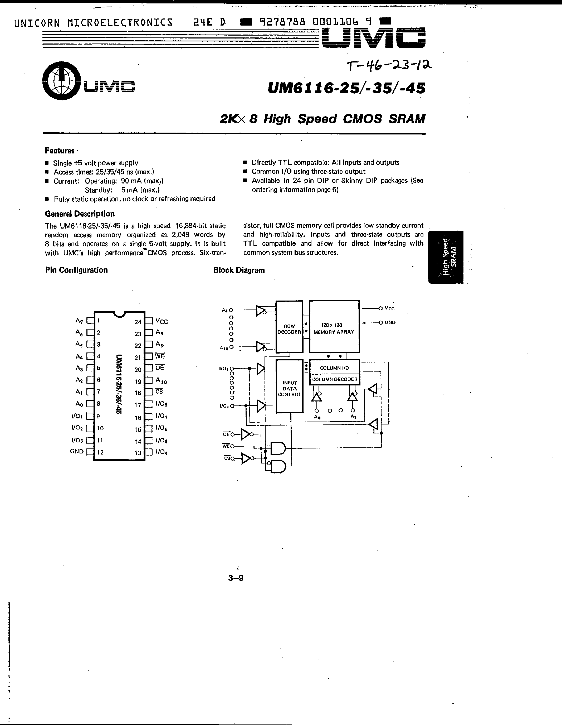 Даташит UM6116-25 - (UM6116-35 / UM6116-45) 2k x 8 High Speed CMOS SRAM страница 1