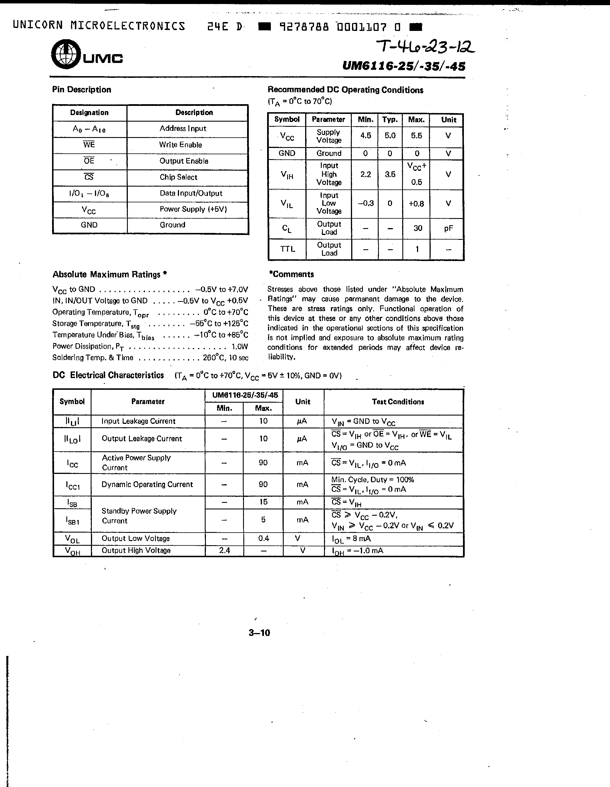Даташит UM6116-25 - (UM6116-35 / UM6116-45) 2k x 8 High Speed CMOS SRAM страница 2