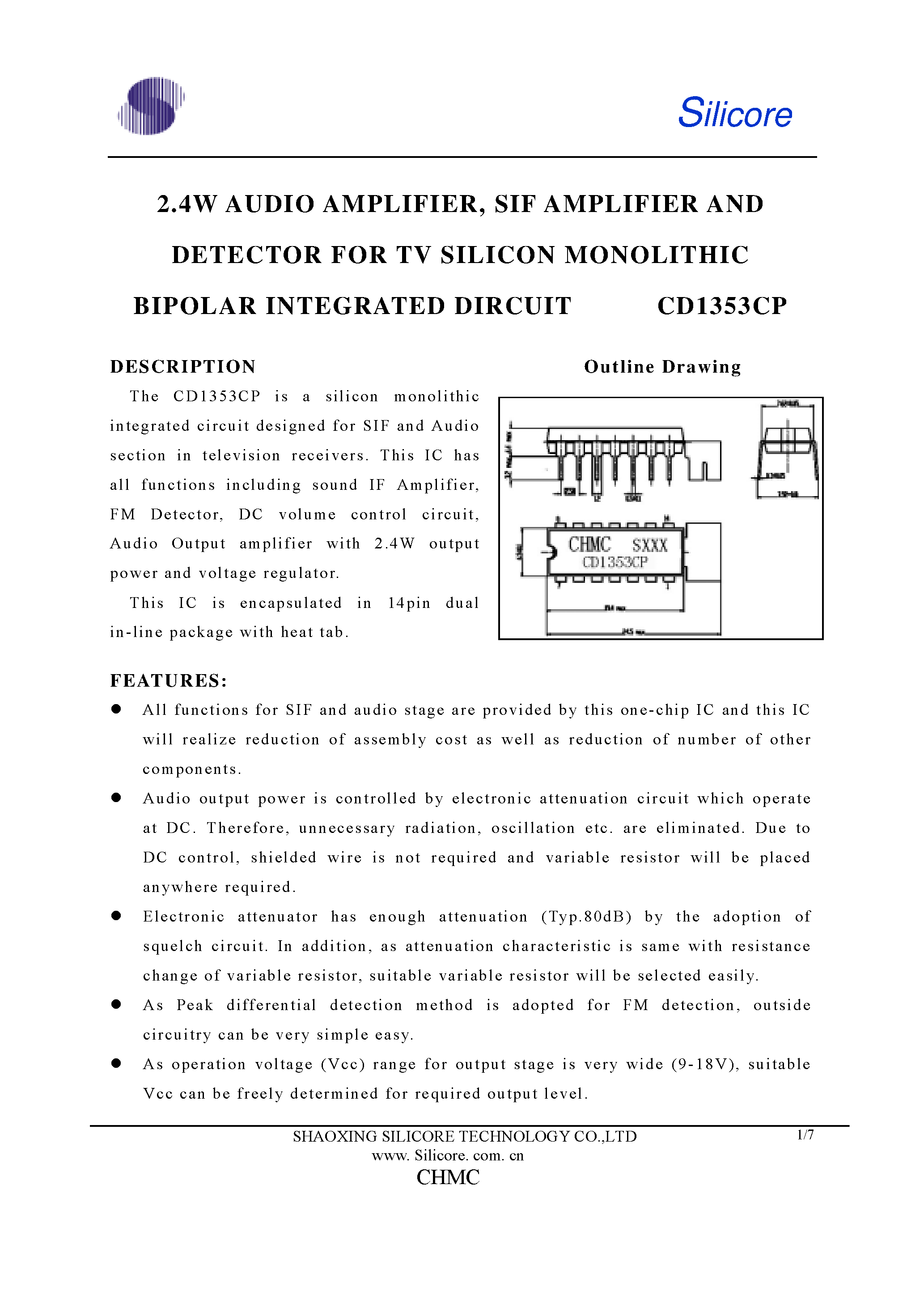 Datasheet CD1353CP - 2.4W Audio Amplifier / SIF Amplifier and Detector page 1