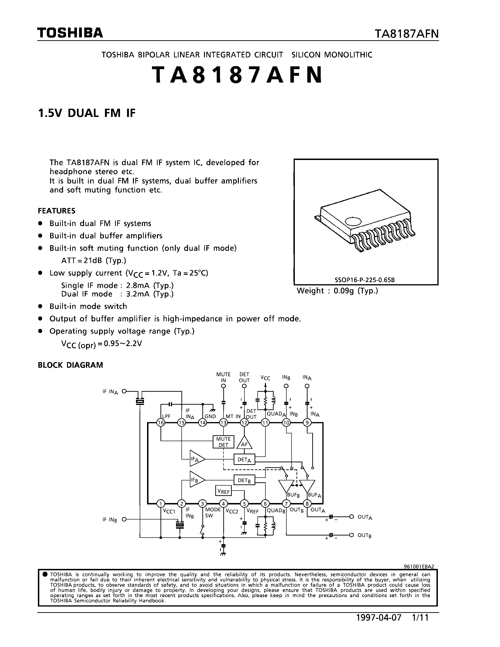 Datasheet TA8187AFN - 1.5V DUAL FM IF page 1