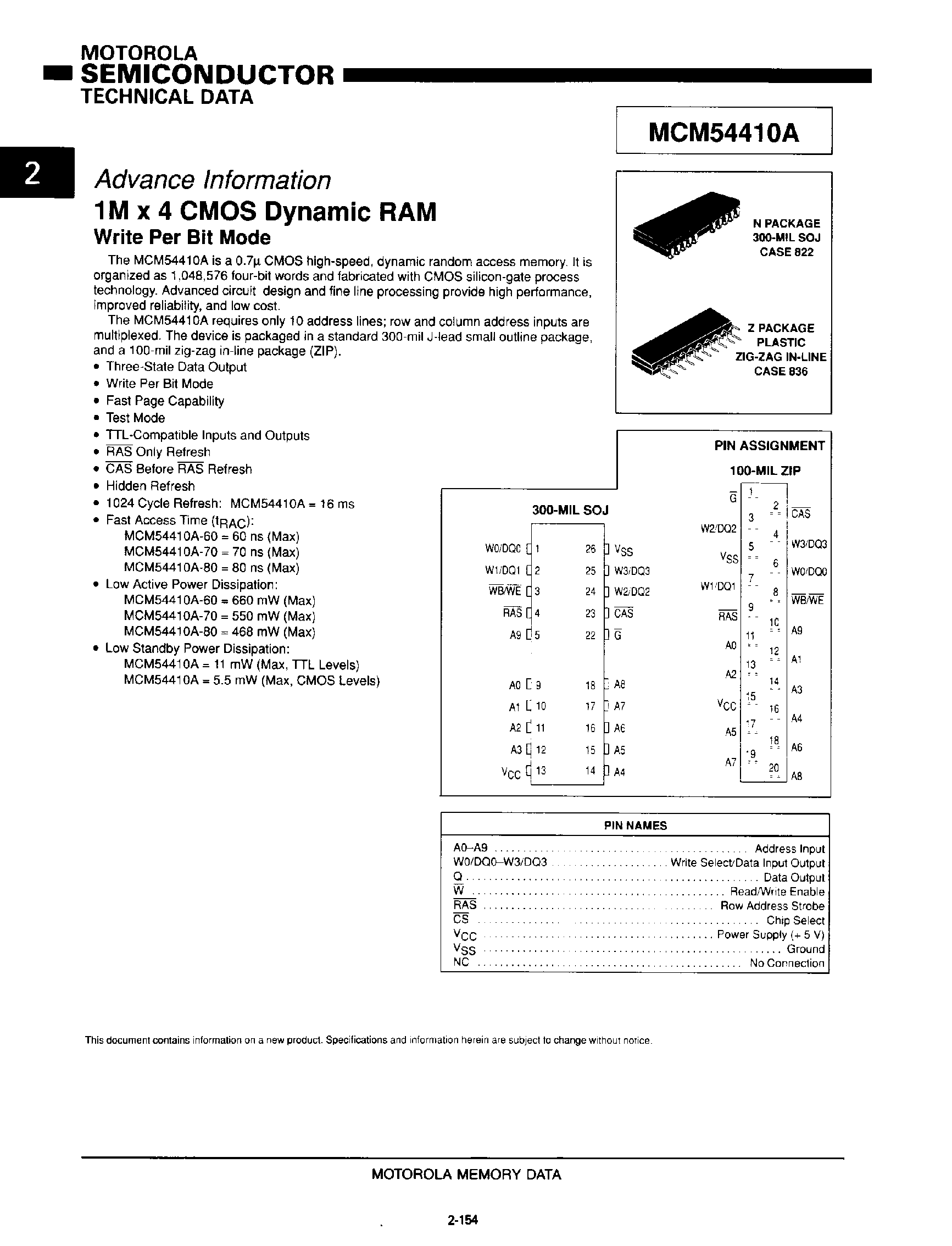 Datasheet MCM54410A - 1M x 4 CMOS DRAM page 1