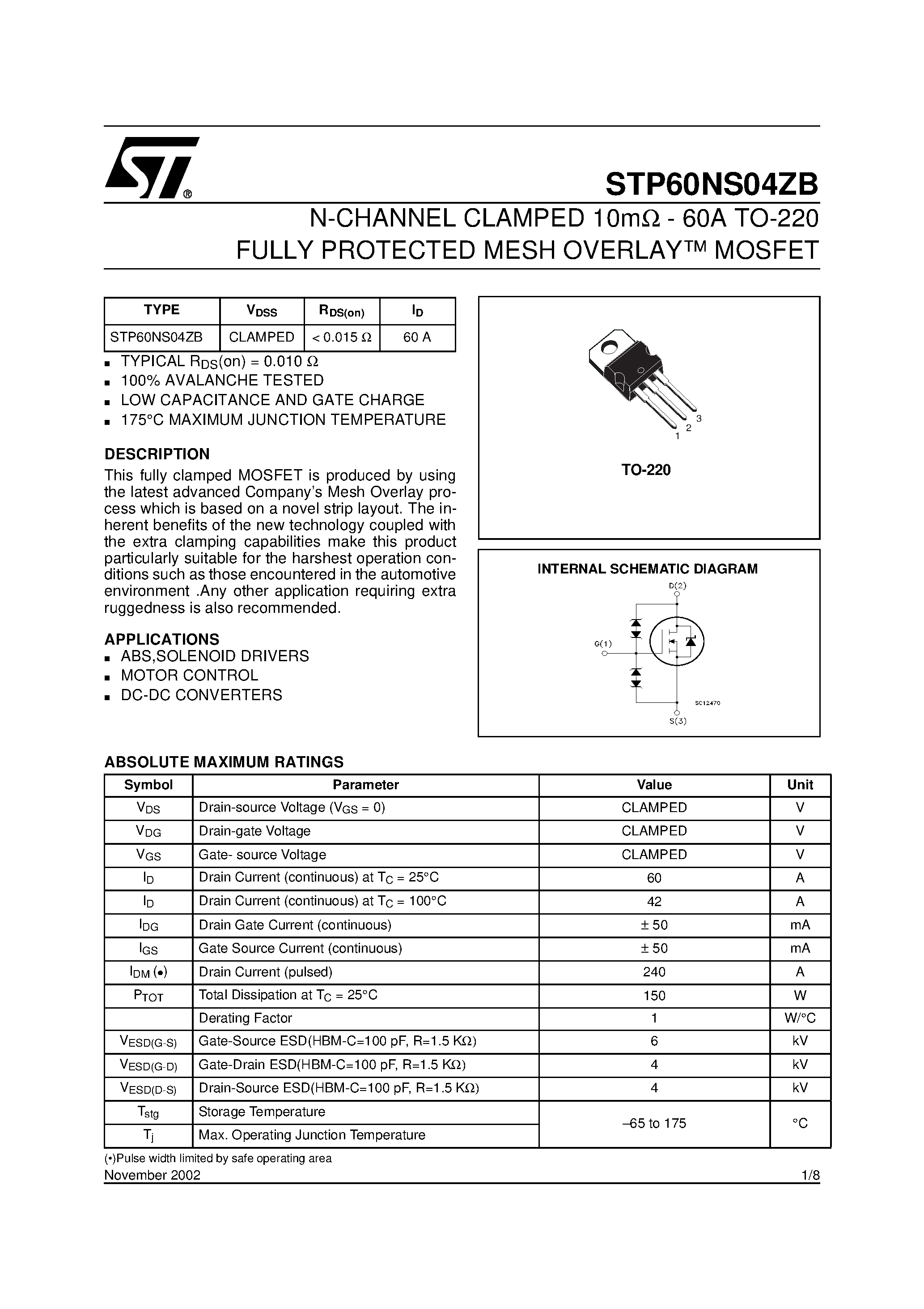 Datasheet STP60NS04ZB - N-CHANNEL CLAMPED MOSFET page 1