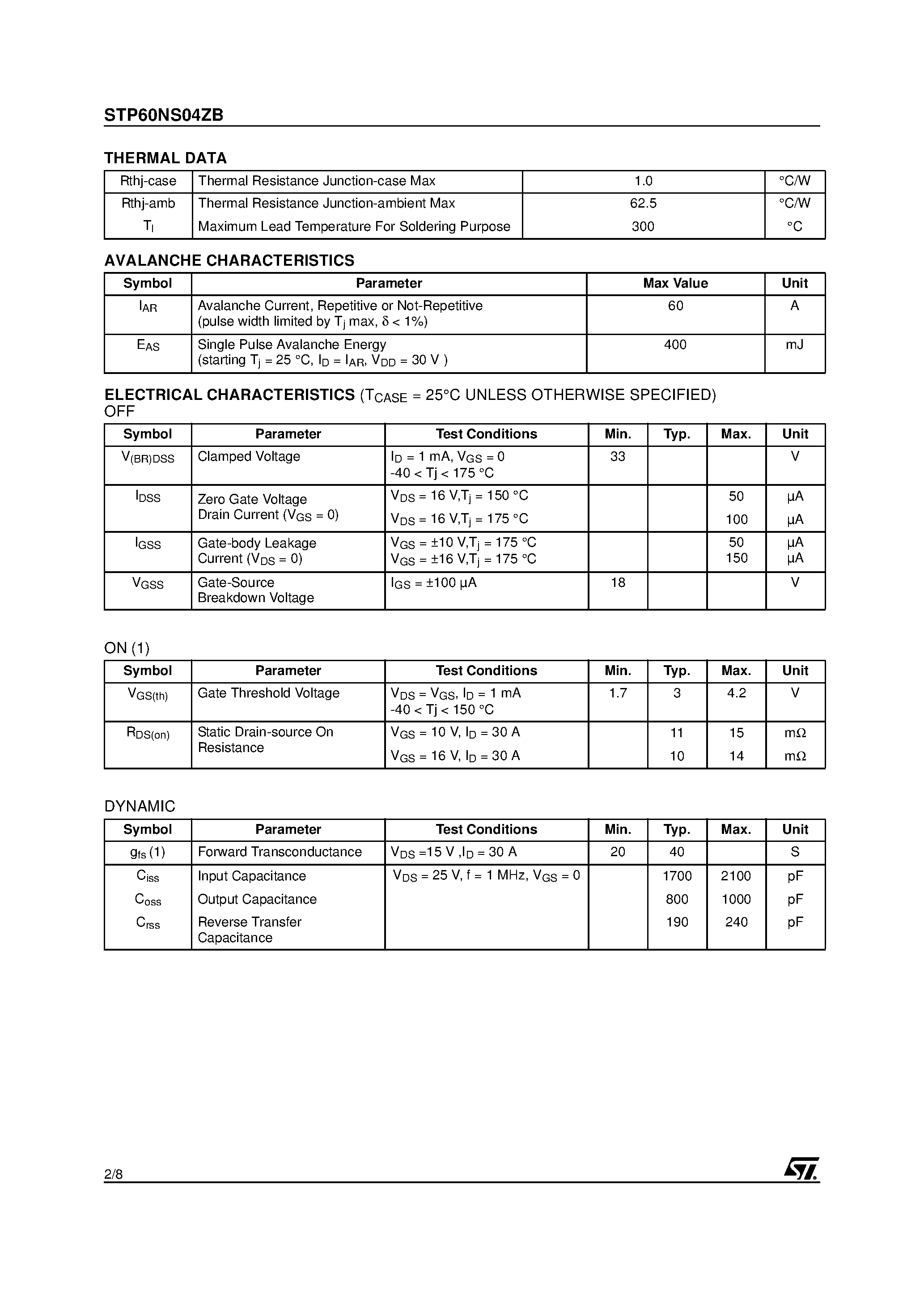Datasheet STP60NS04ZB - N-CHANNEL CLAMPED MOSFET page 2