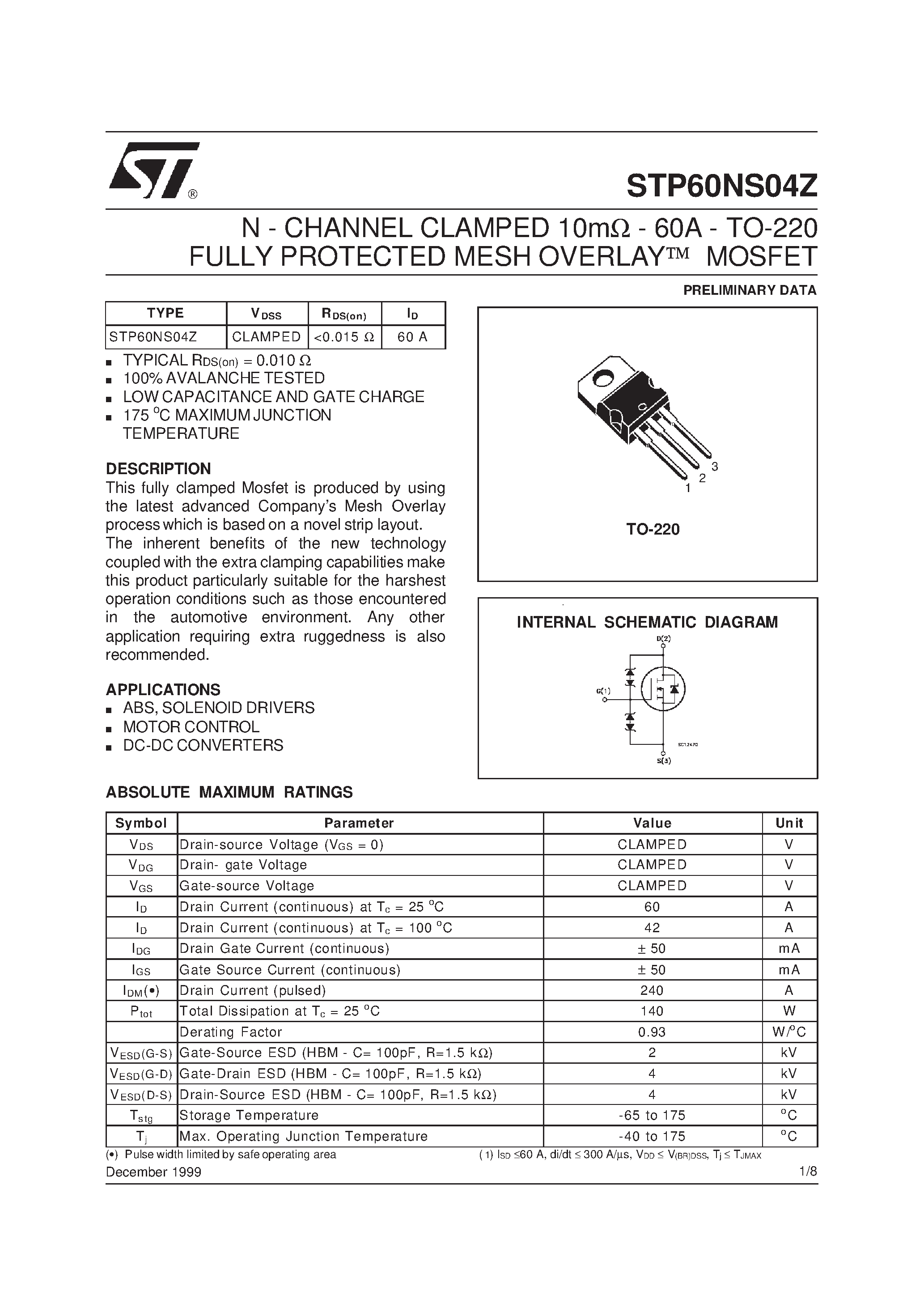 Datasheet STP60NS04Z - N-CHANNEL Power MOSFET page 1