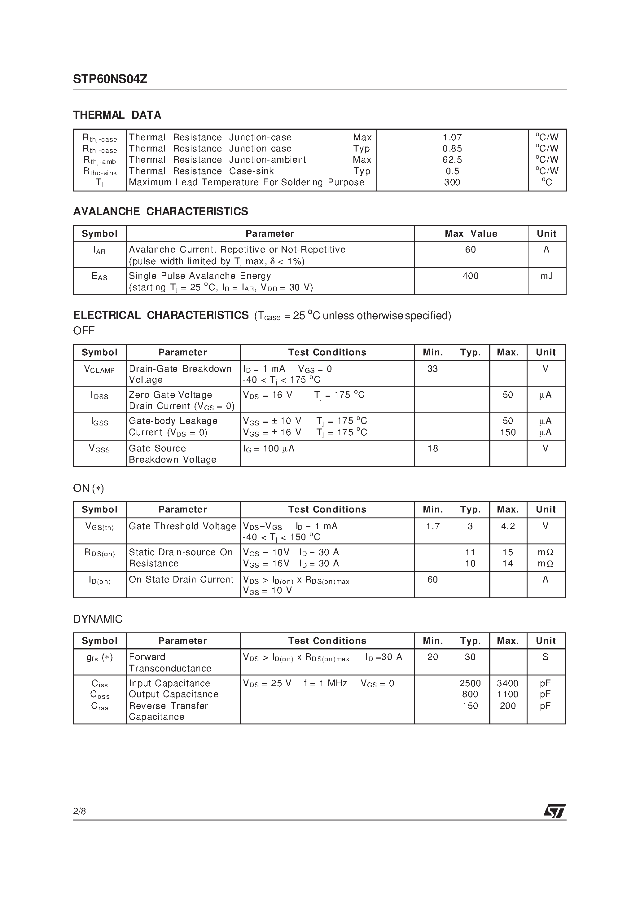 Datasheet STP60NS04Z - N-CHANNEL Power MOSFET page 2