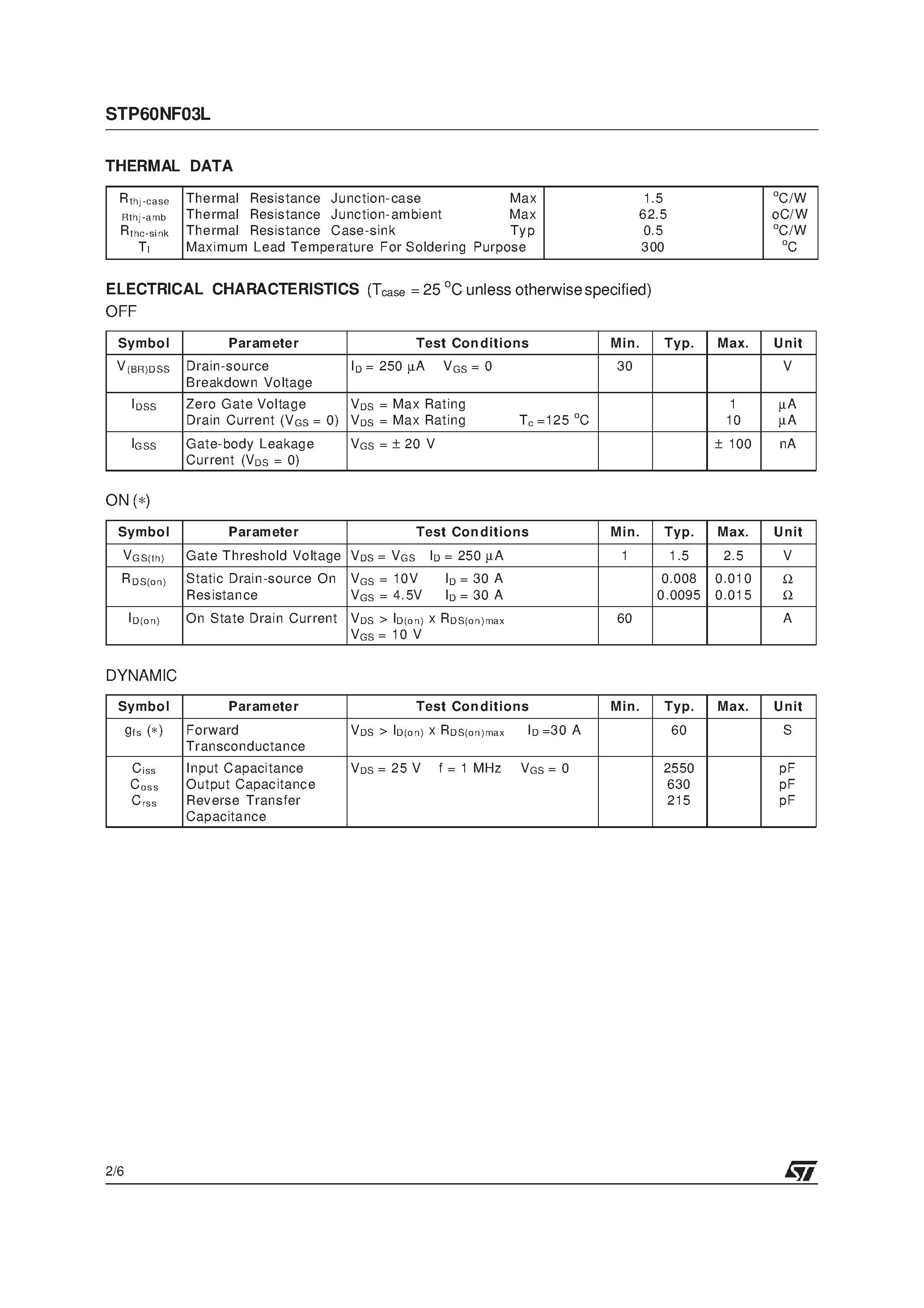Datasheet STP60NF03L page 2 Datasheet STP60NF03L - N-CHANNEL Power MOSFET page 2