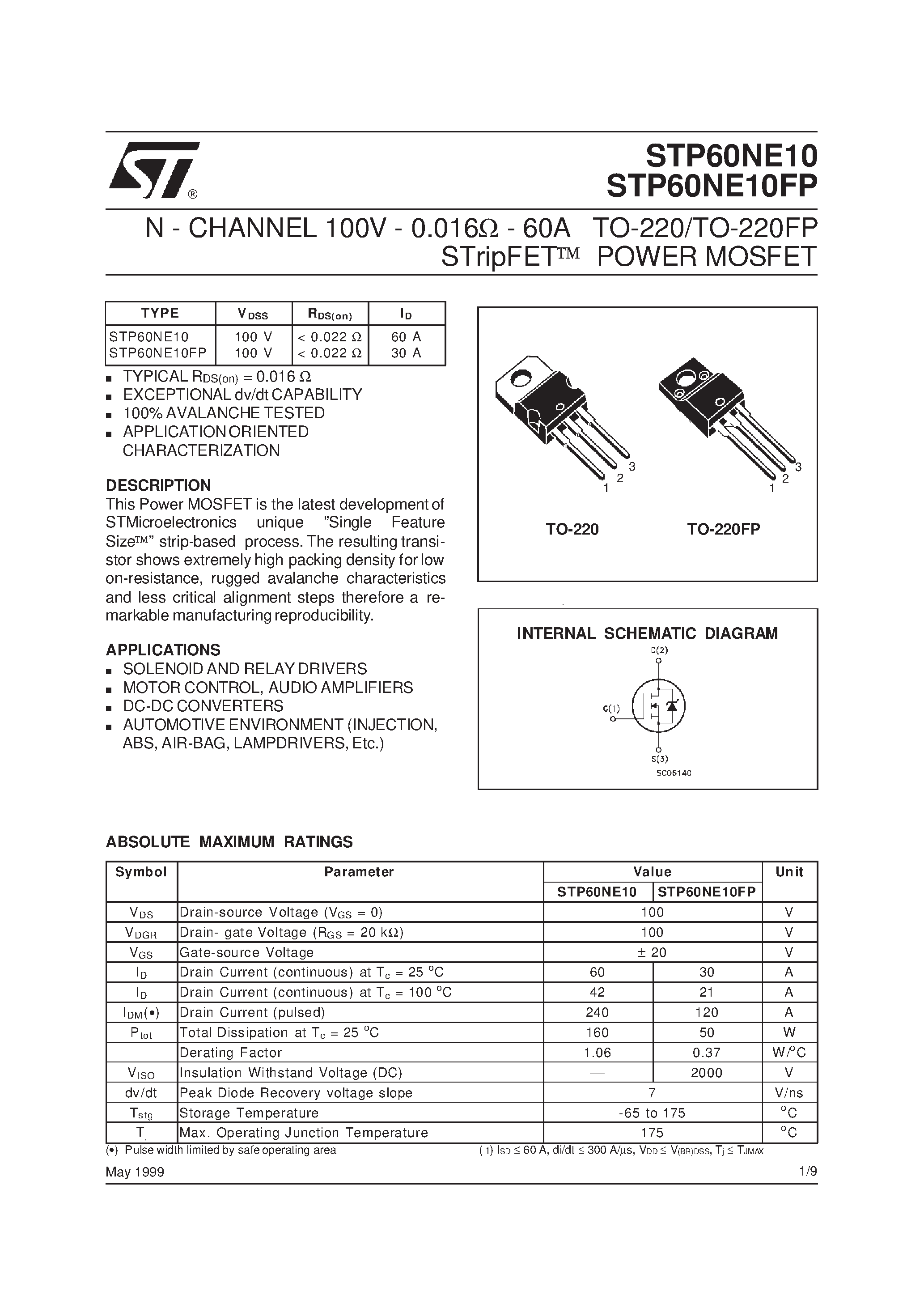 Datasheet STP60NE10 page 1 Datasheet STP60NE10 - N-CHANNEL Power MOSFET page 1