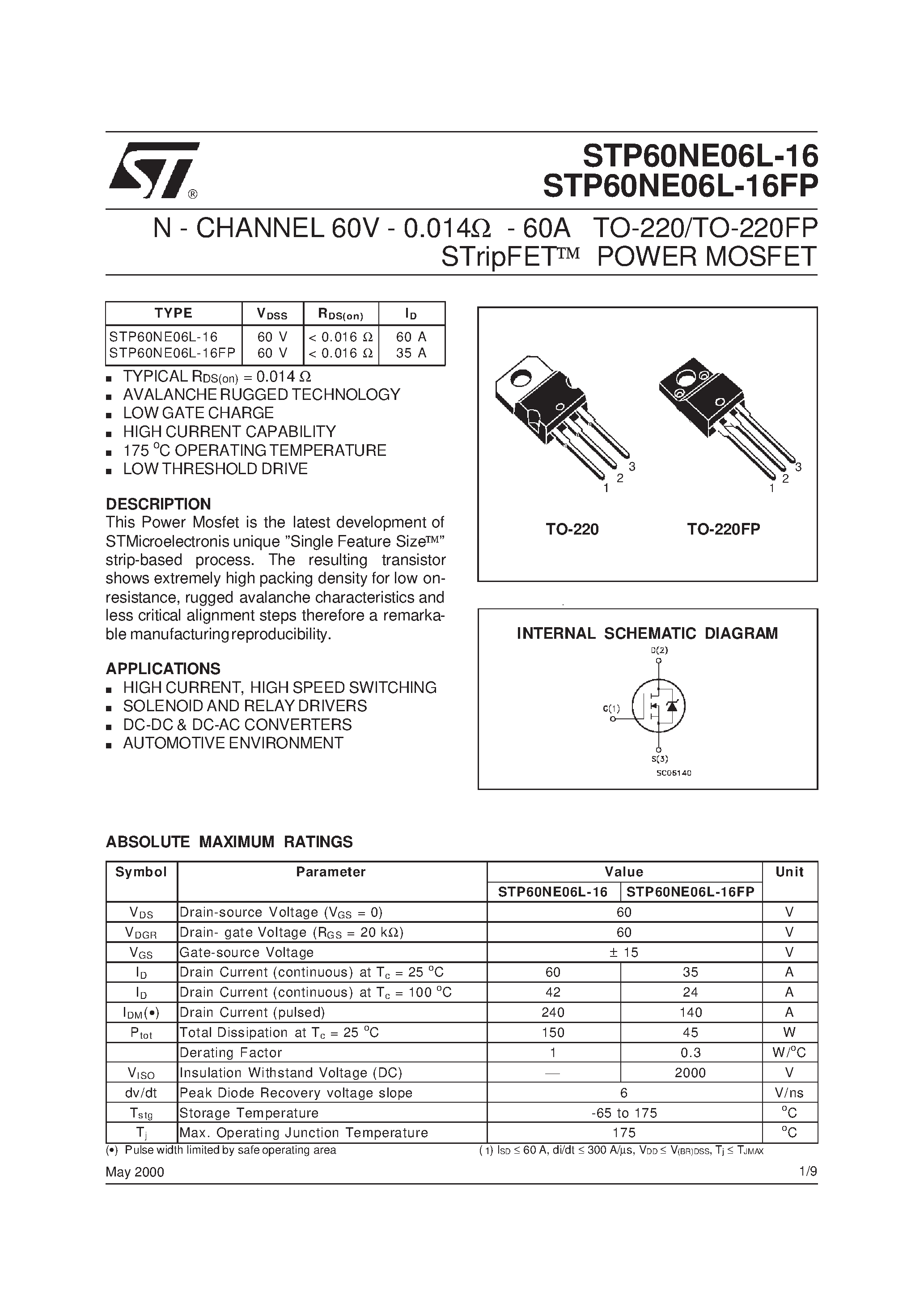 Datasheet STP60NE06L-16 - N-CHANNEL Power MOSFET page 1