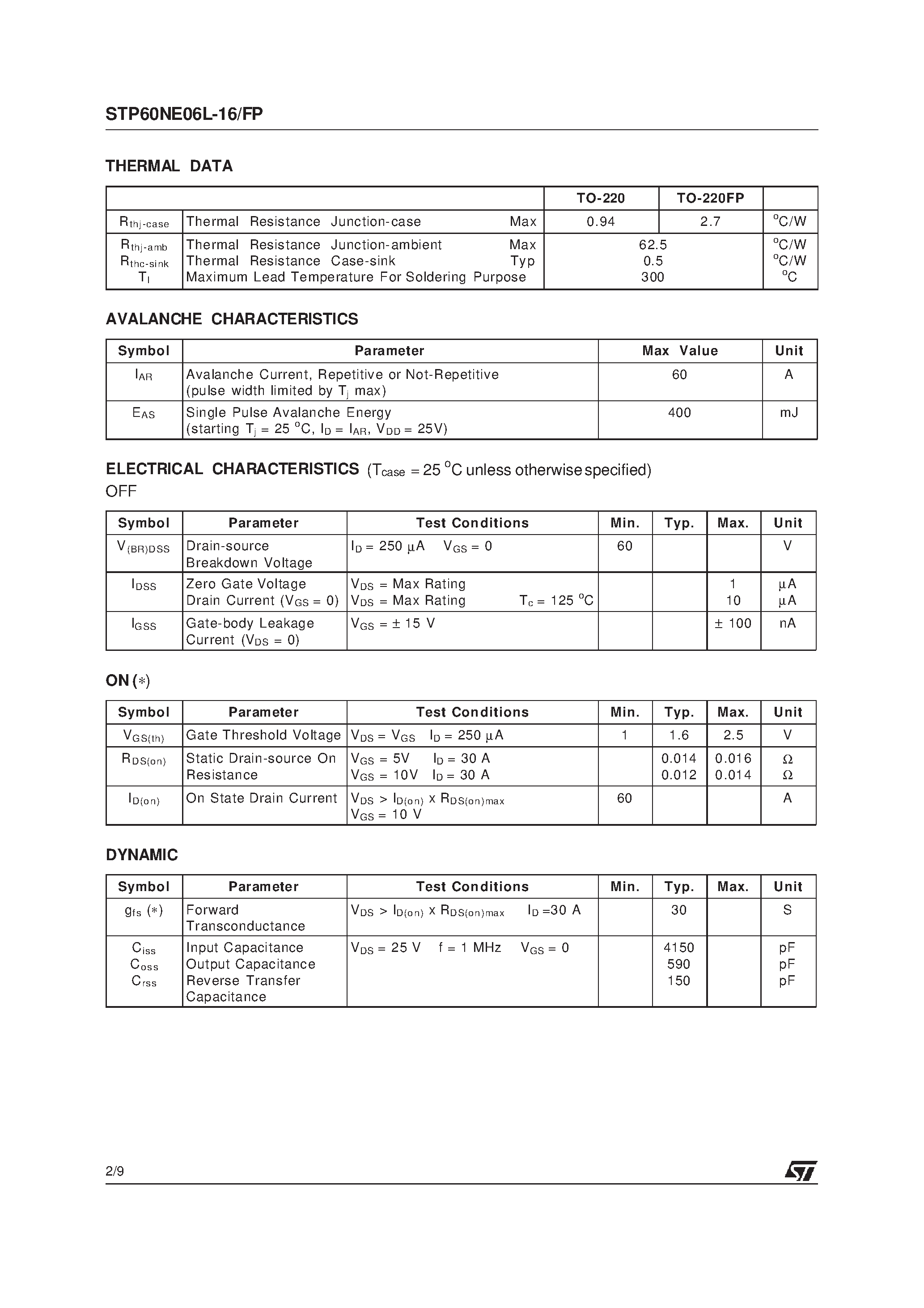 Datasheet STP60NE06L-16 - N-CHANNEL Power MOSFET page 2