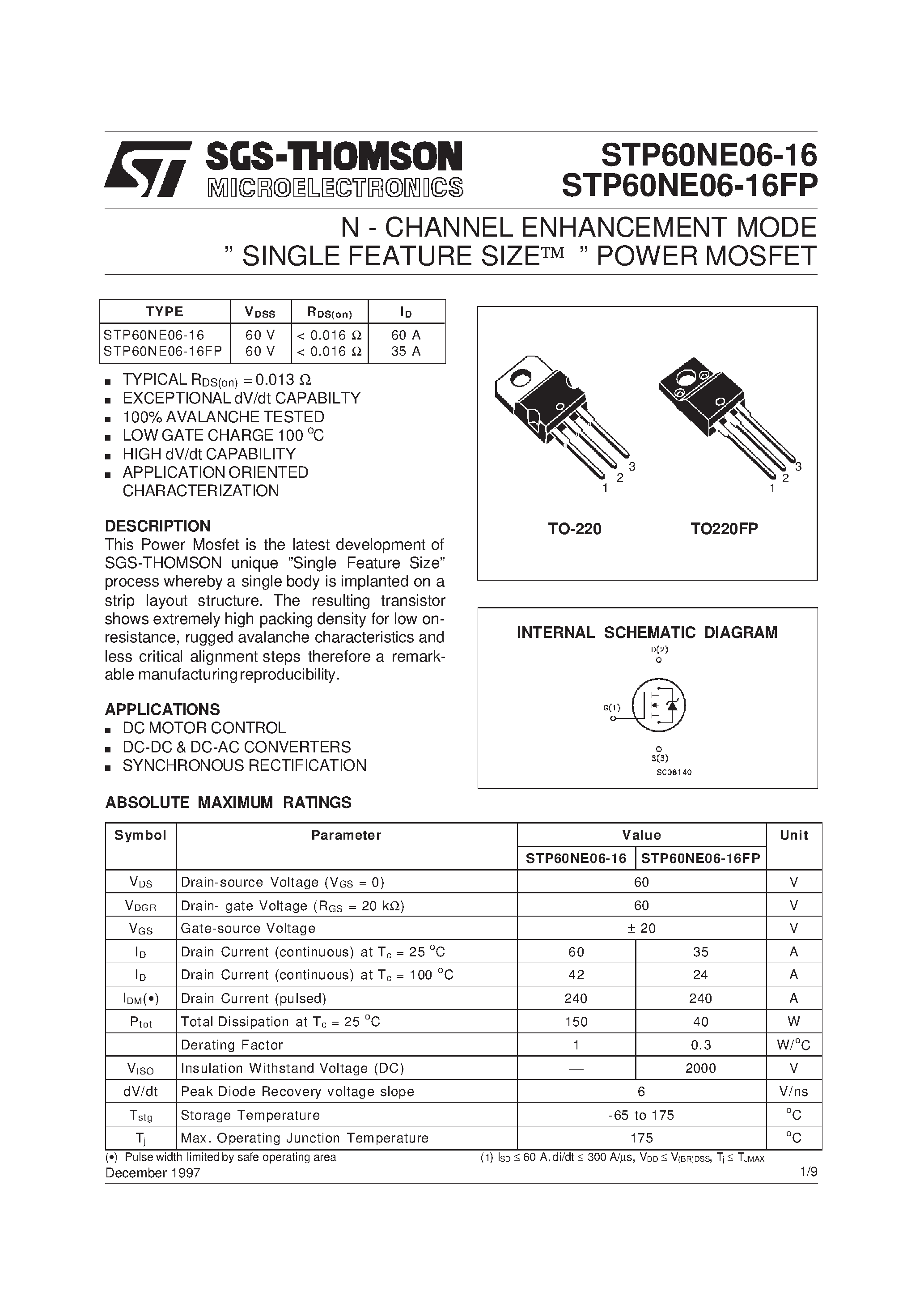 Datasheet STP60NE06-16 - N-CHANNEL Power MOSFET page 1