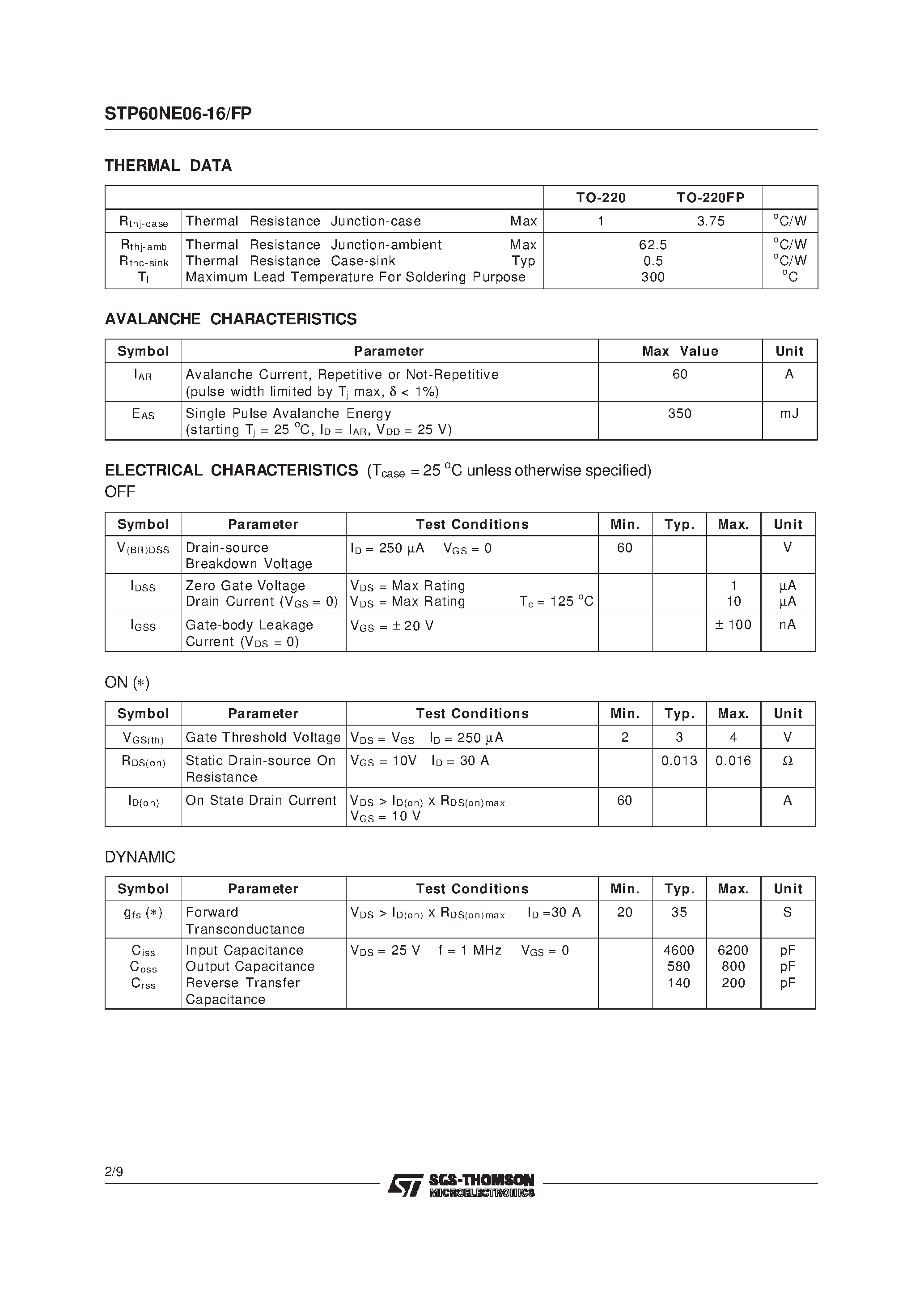 Datasheet STP60NE06-16 - N-CHANNEL Power MOSFET page 2