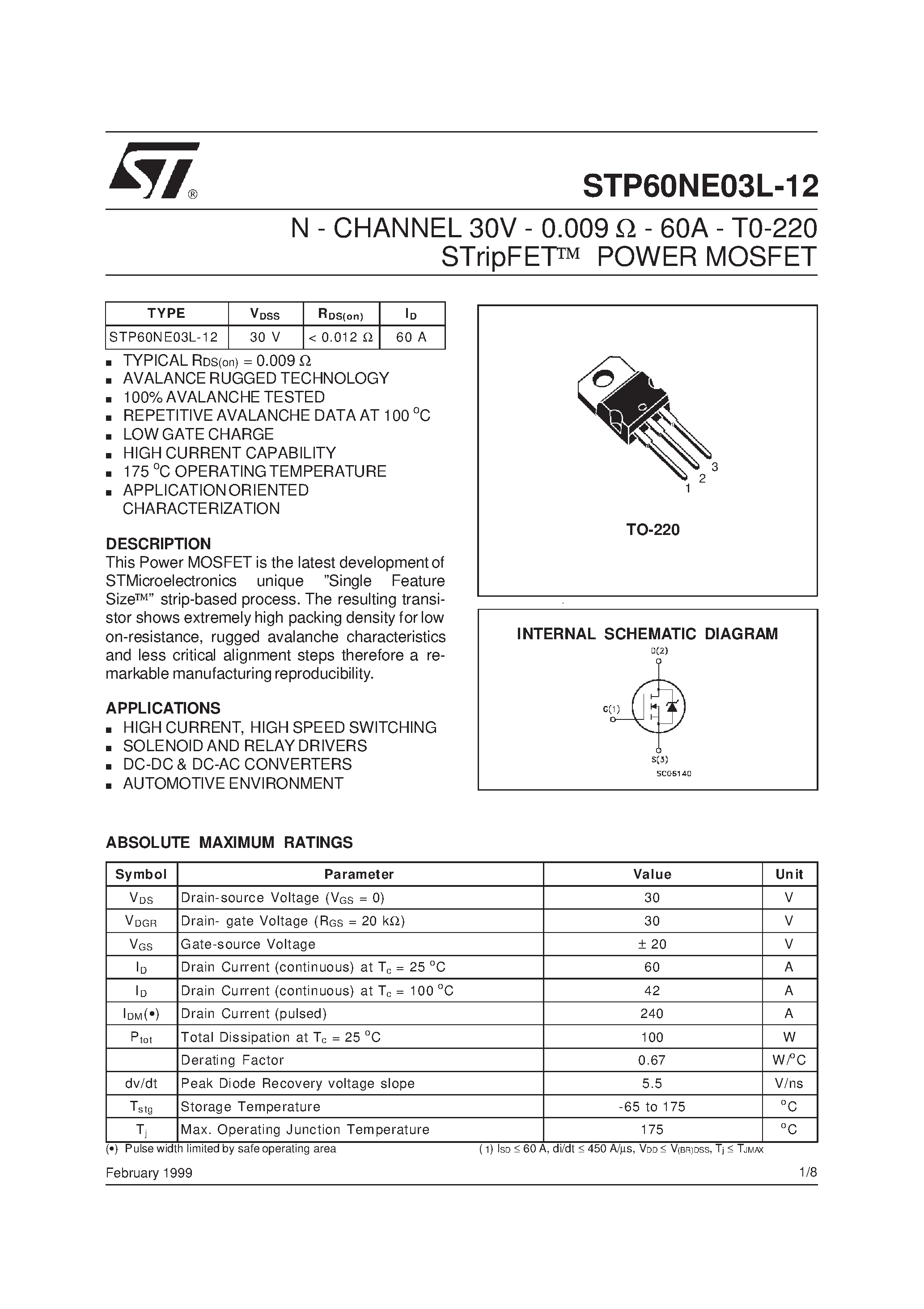 Datasheet STP60NE03L-12 page 1 Datasheet STP60NE03L-12 - N-CHANNEL Power MOSFET page 1