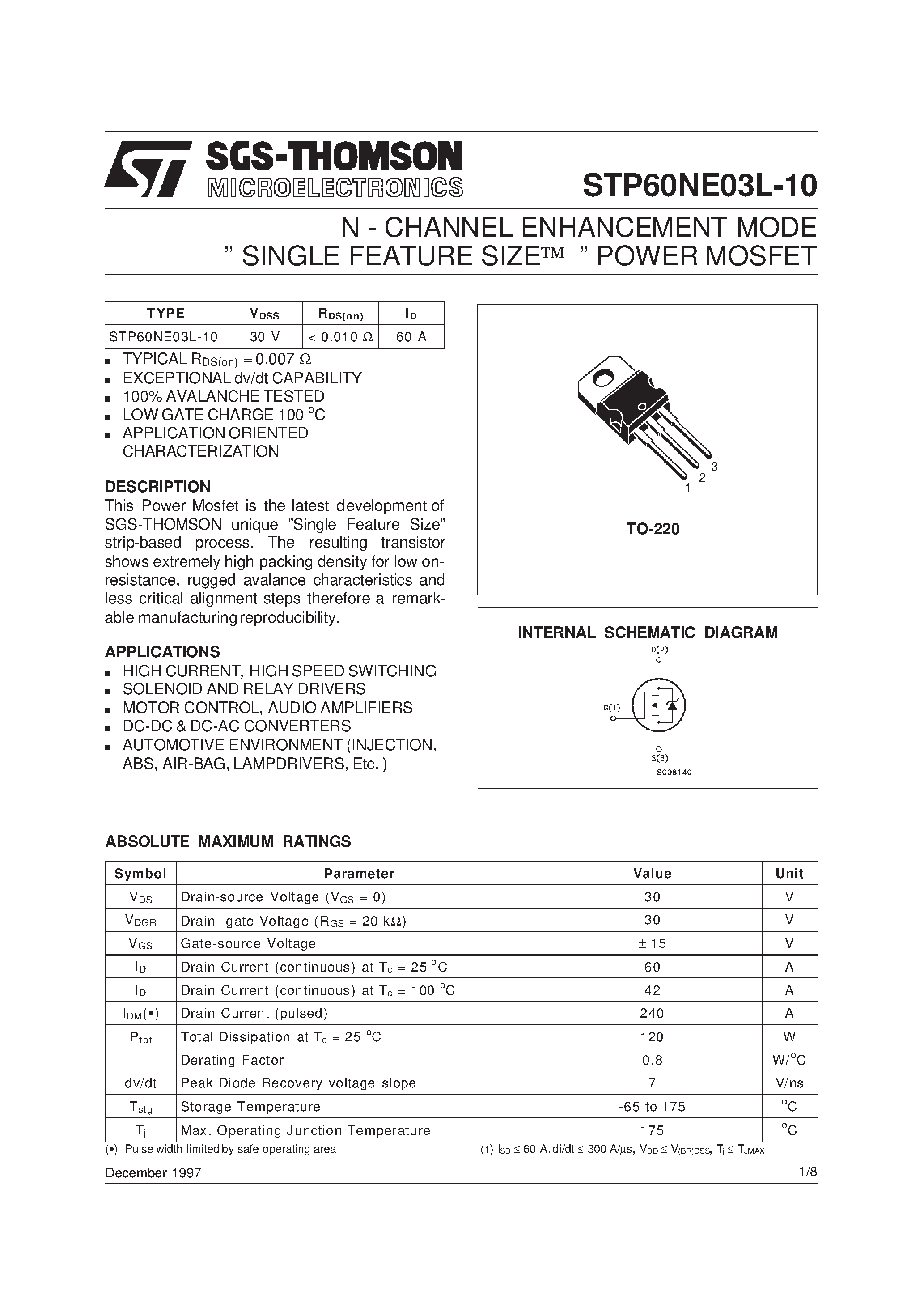 Datasheet STP60NE03L-10 page 1 Datasheet STP60NE03L-10 - N-CHANNEL Power MOSFET page 1