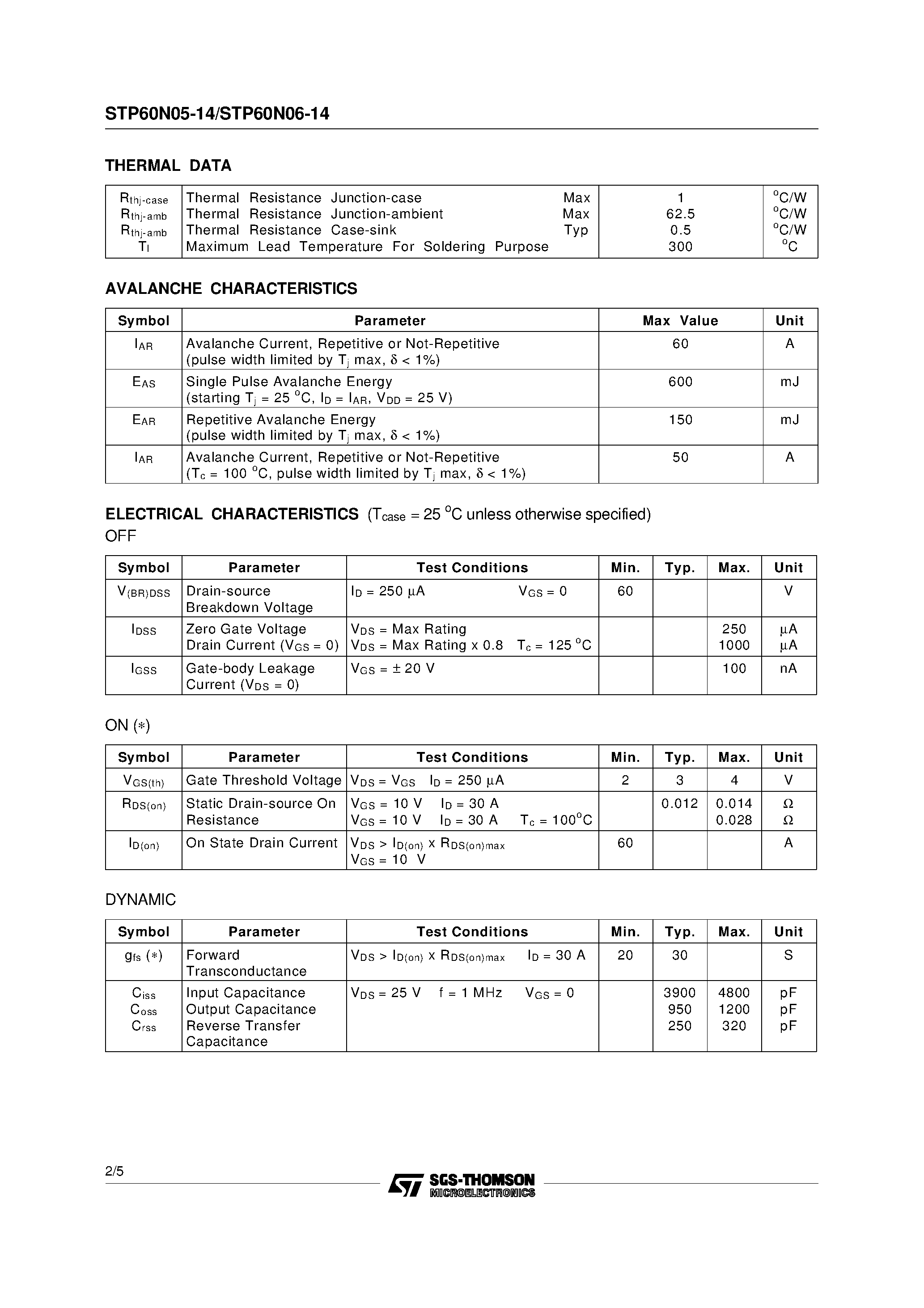 Datasheet STP60N05-14 - N-CHANNEL Power MOSFET page 2