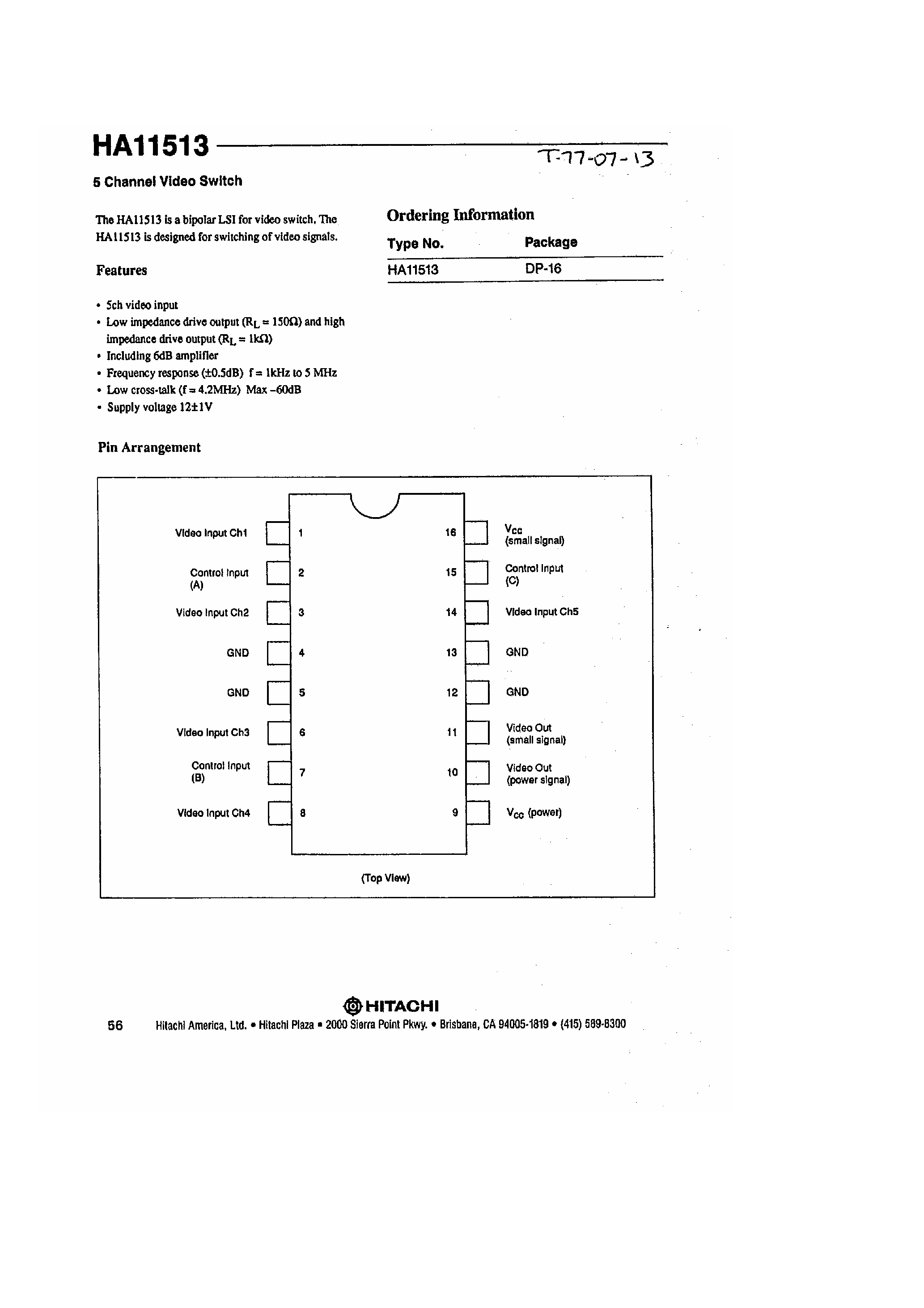 Datasheet HA11513 - 5 Channel Video Switch page 1