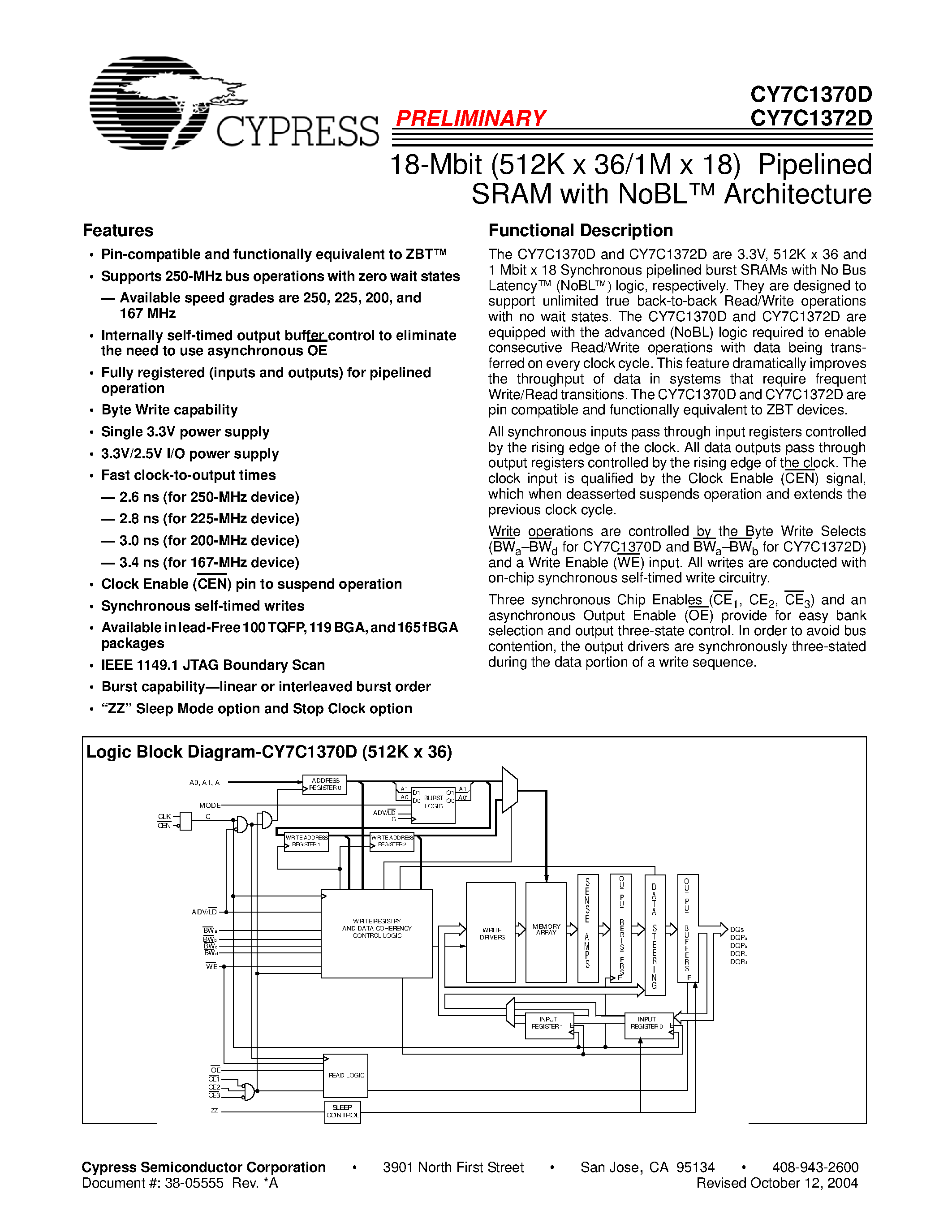 Datasheet CY7C1372D - 18-Mbit (512K X 36/1M X 18) Pipelined SRAM with NoBL Architecture page 1