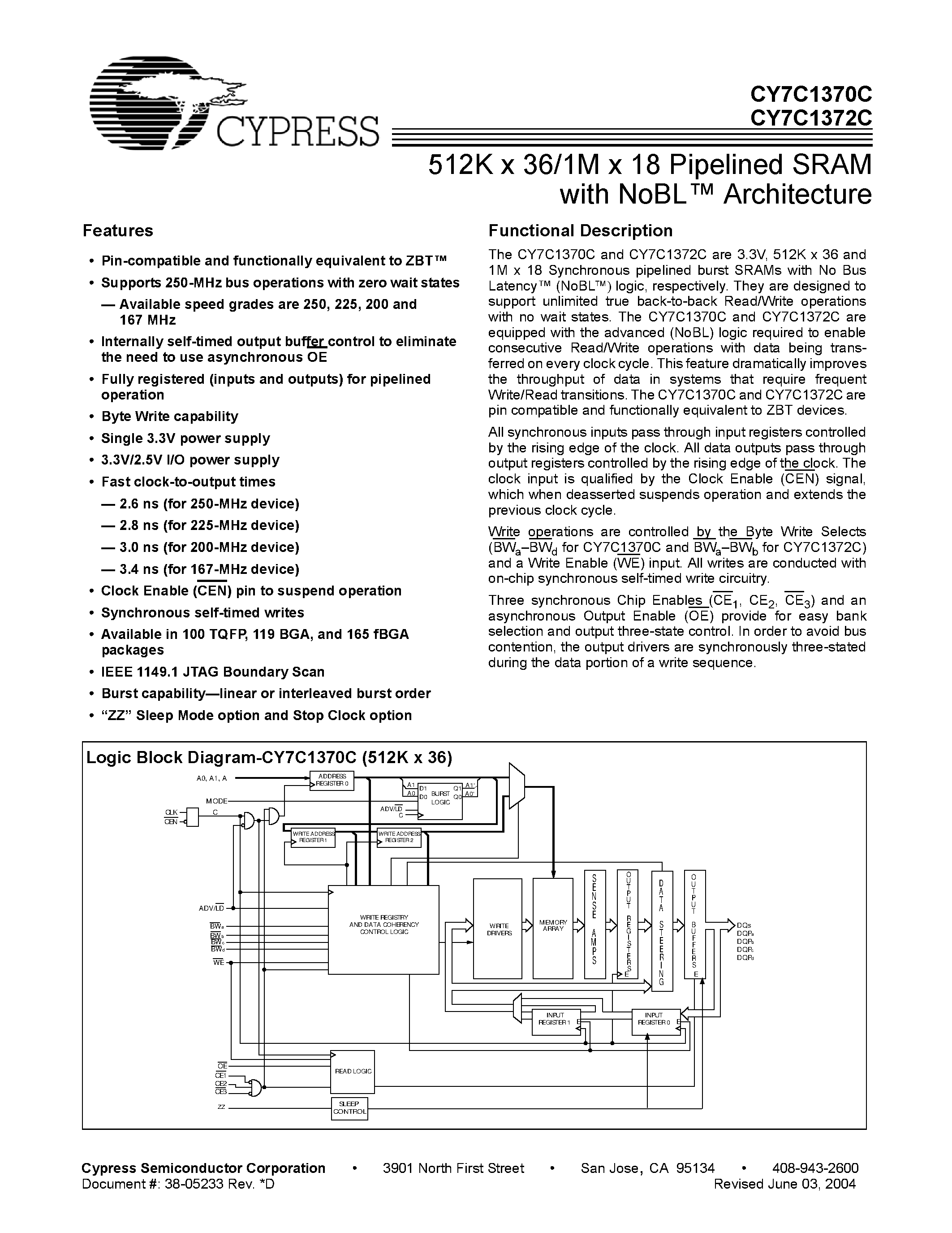 Datasheet CY7C1372C - 512K x 36/1M x 18 Pipelined SRAM with NoBL Architecture page 1