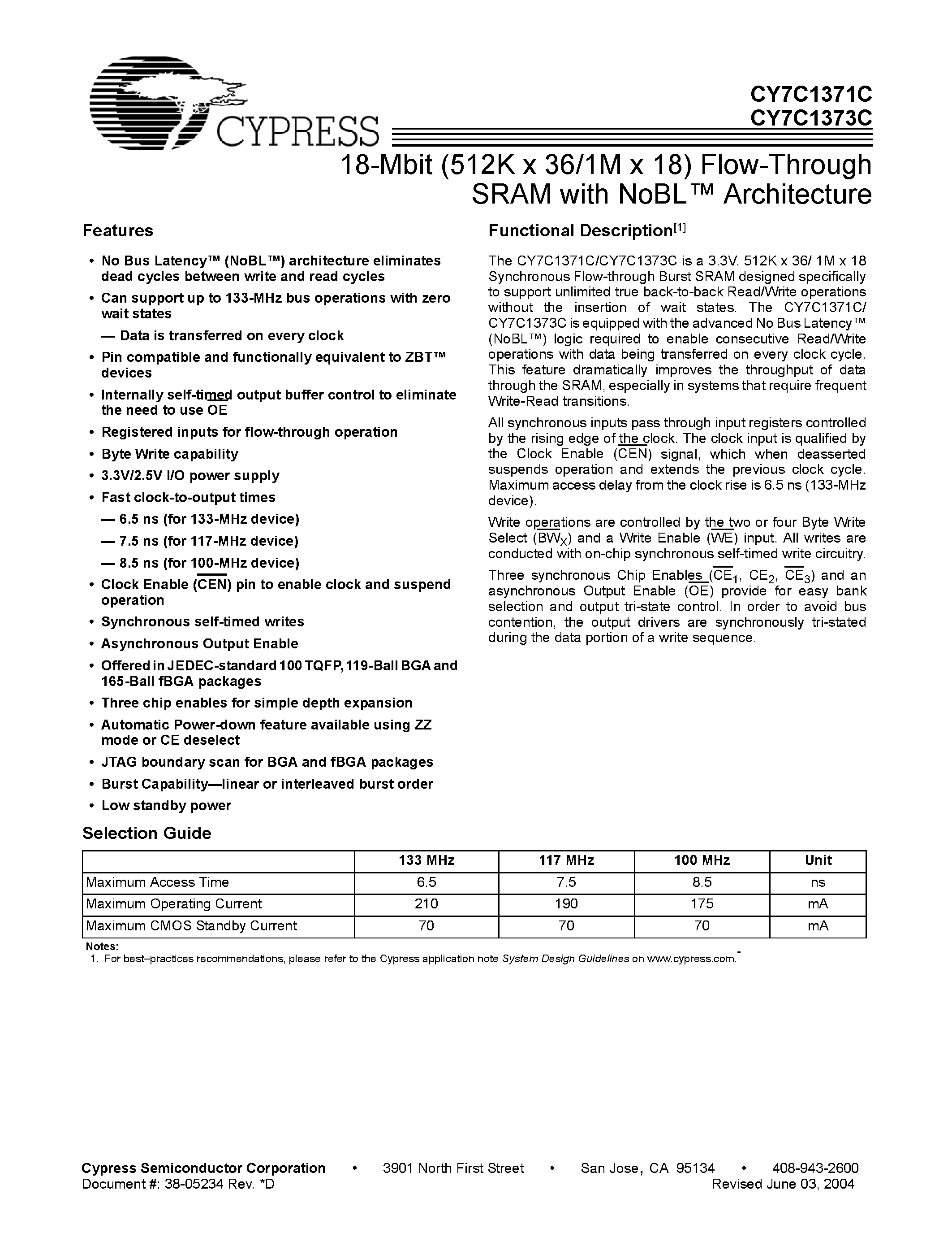 Datasheet CY7C1371C - 18-Mbit (512K x 36/1M x 18) Flow-Through SRAM with NoBL Architecture page 1