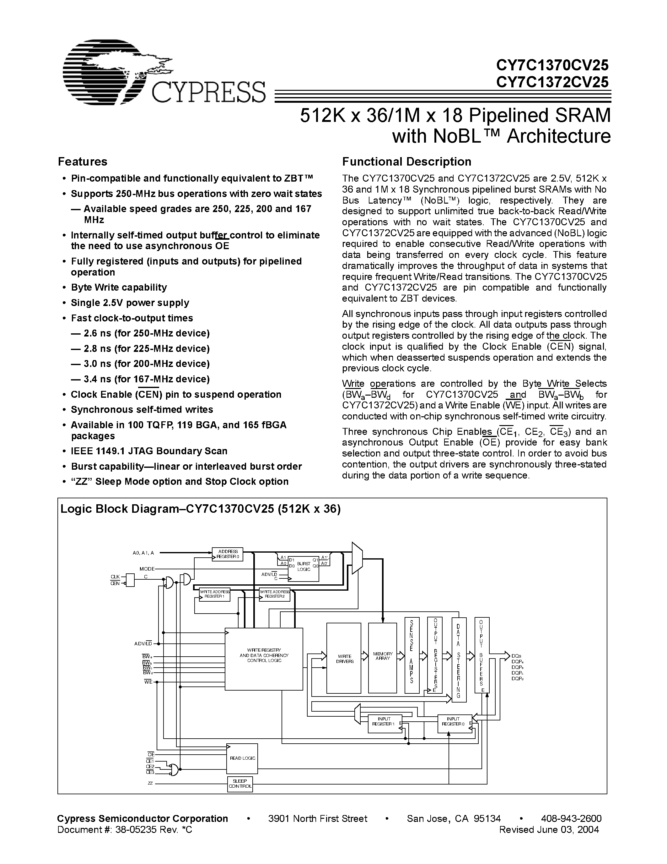 Datasheet CY7C1370CV25 - 512K x 36/1M x 18 Pipelined SRAM with NoBL Architecture page 1