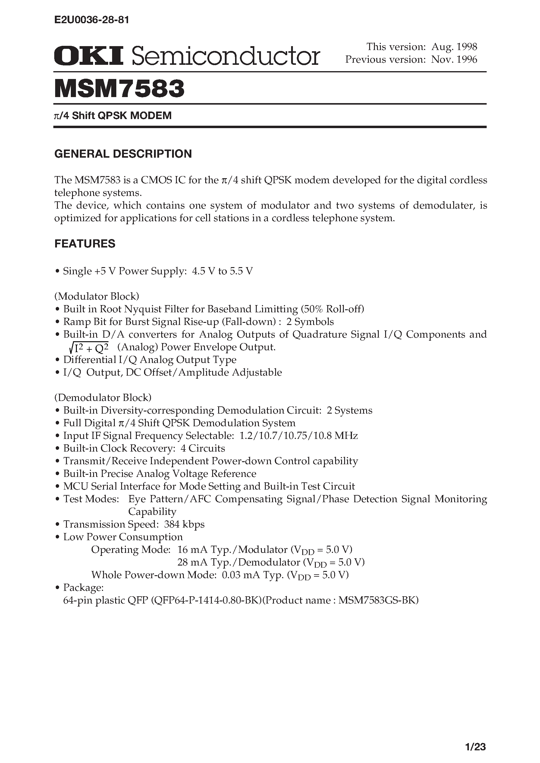Datasheet MSM7583 - pie/4 Shift QPSK MODEM page 1