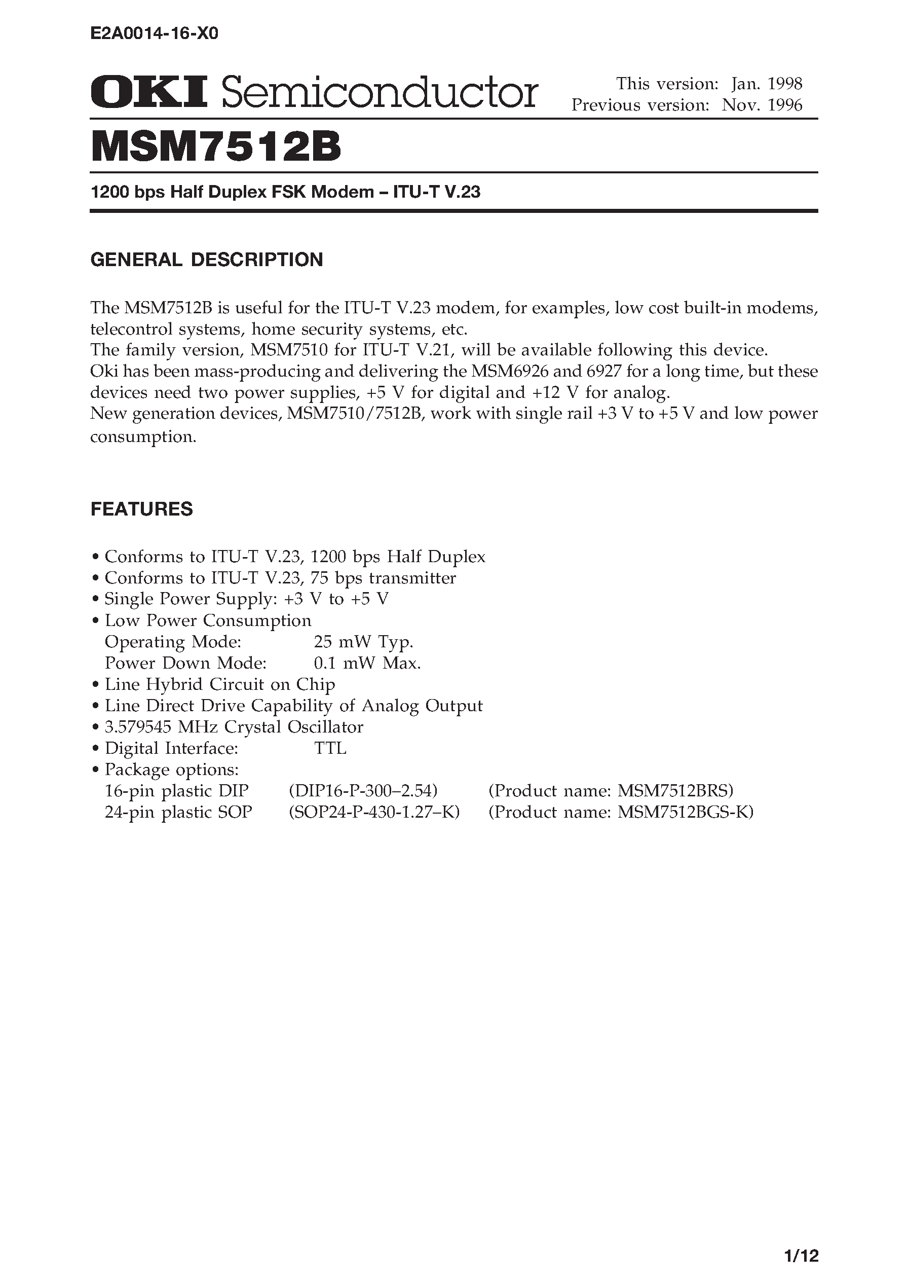 Datasheet MSM7512B - 1200 bps Half Duplex FSK Modem - ITU-T V.23 page 1