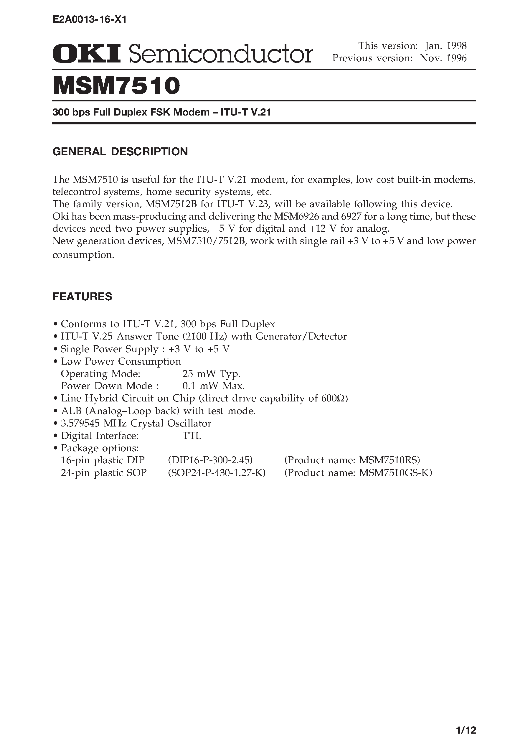 Datasheet MSM7510 - 300 bps Full Duplex FSK Modem - ITU-T V.21 page 1