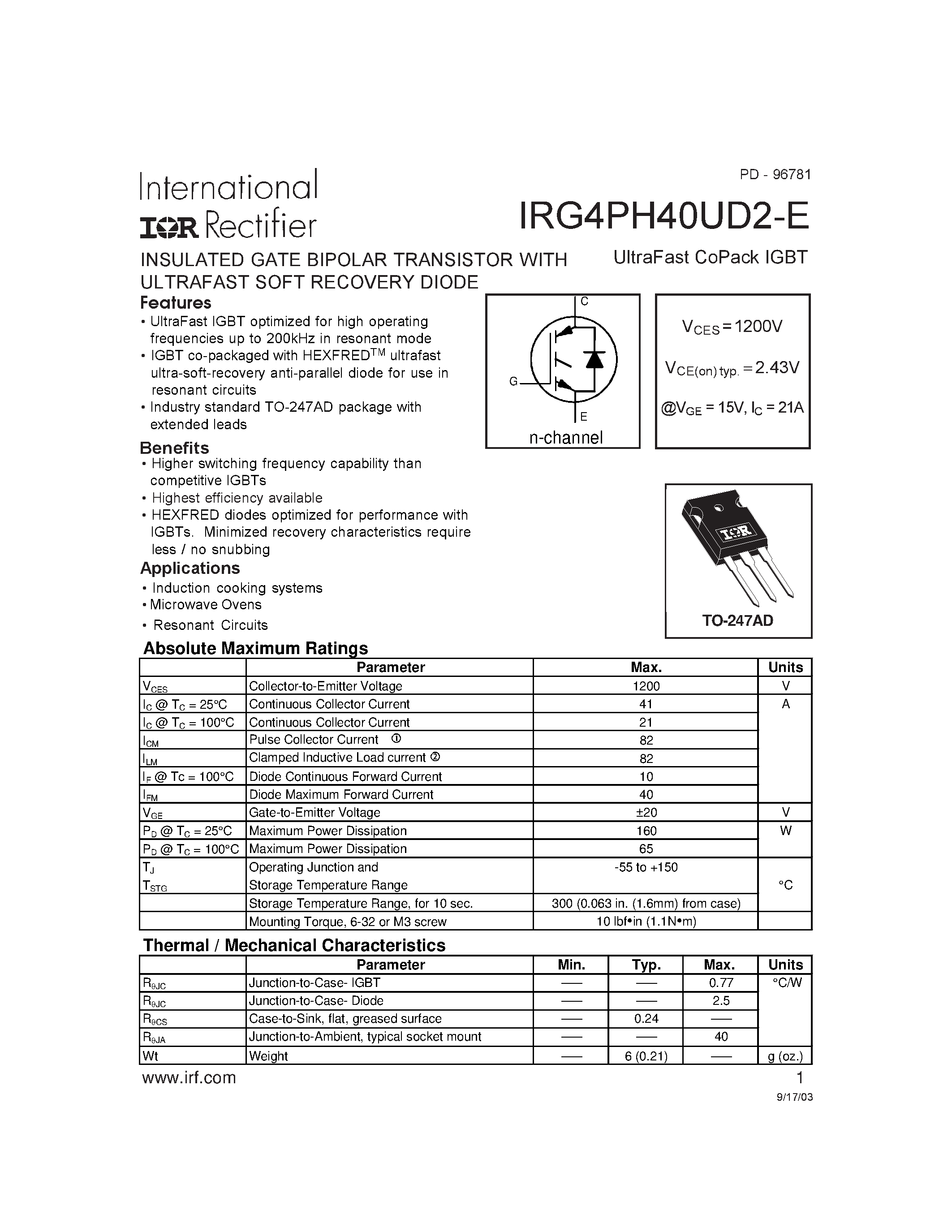 Даташит на микросхему IRG4PH40UD2-E страница 1 Даташит IRG4PH40UD2-E - Insulated Gate Bipolar Transistor страница 1