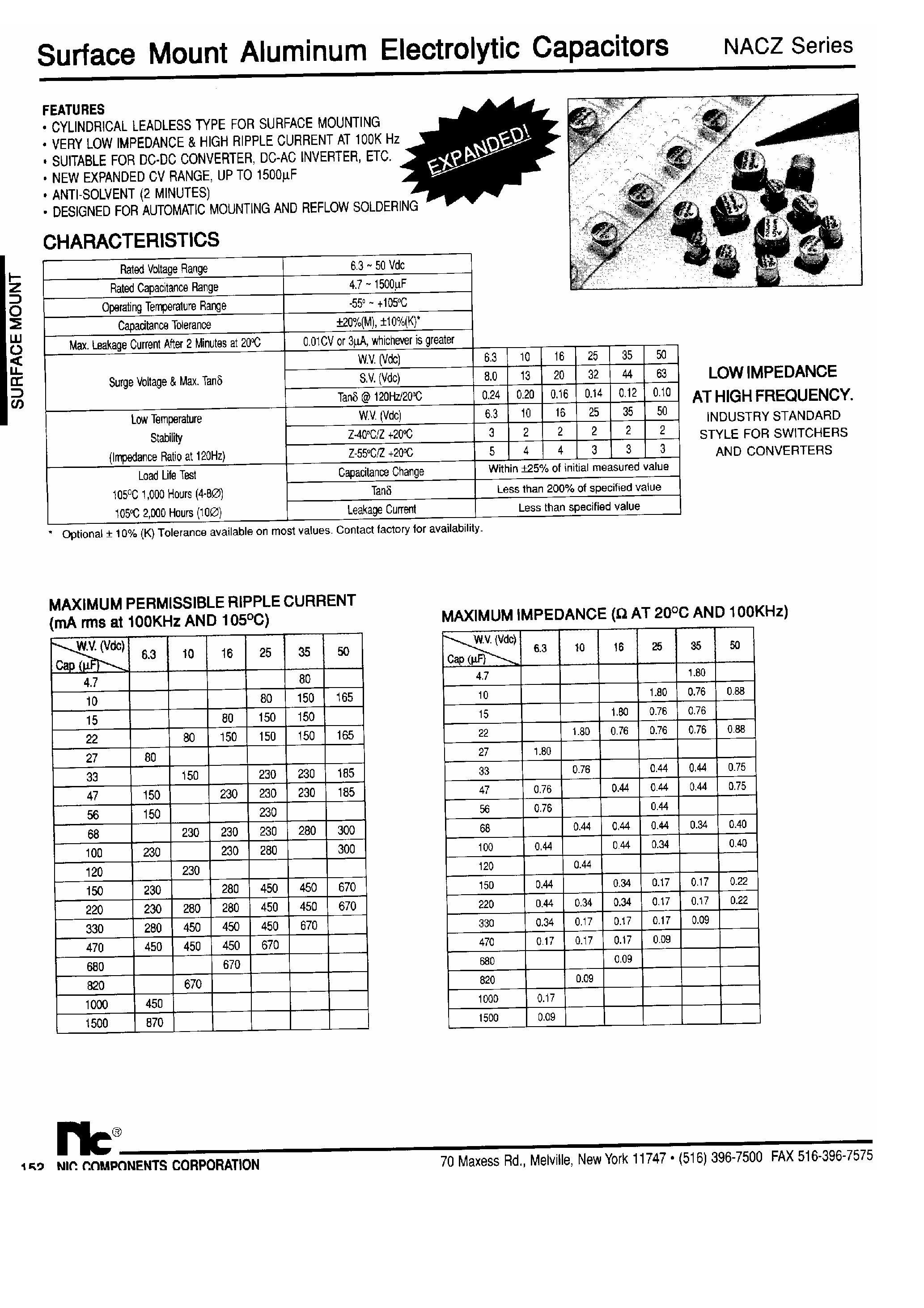Datasheet NACZ470xxx - NACZ Series / Surface Mount Aluminum Electrolytic Capacitors page 1