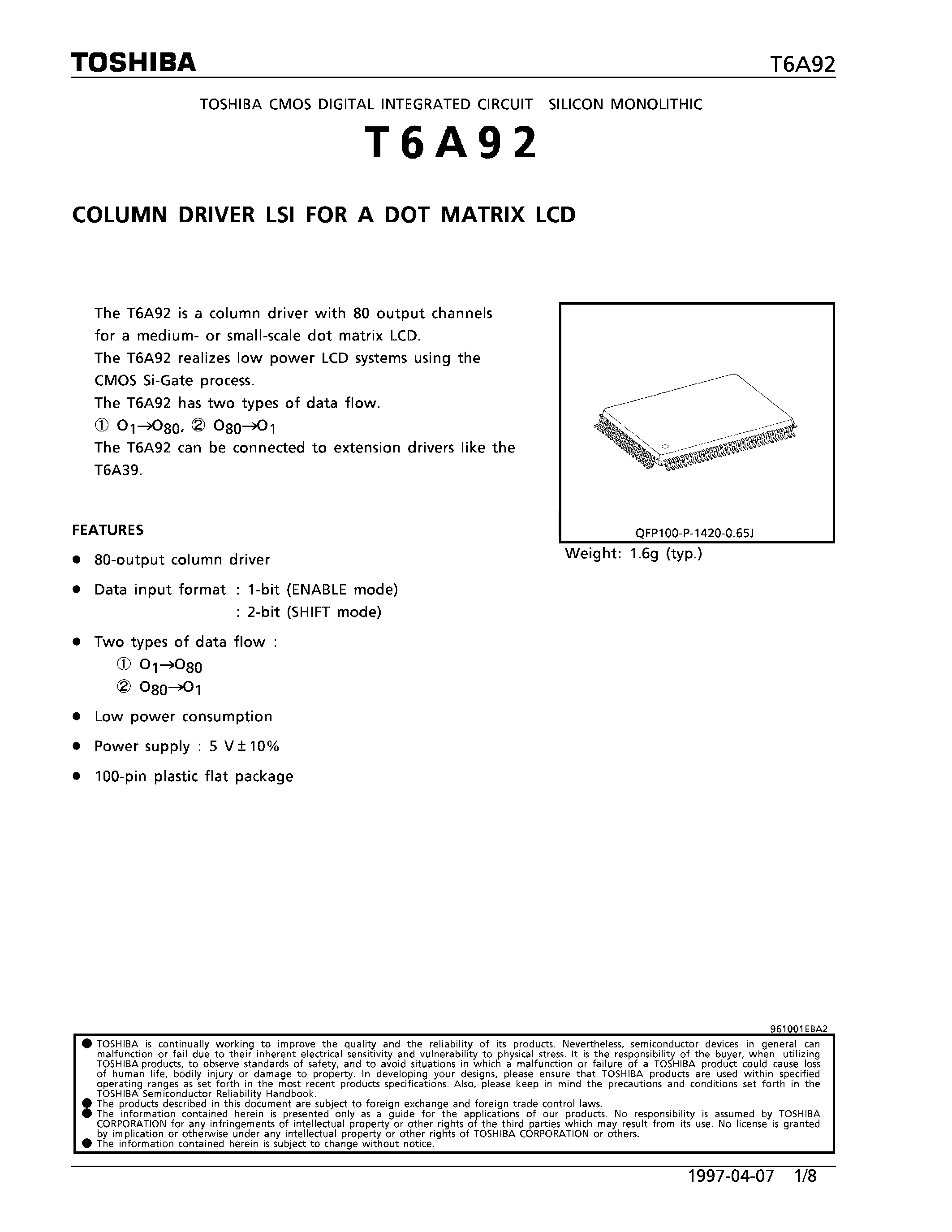 Datasheet T6A92 - COLUMN DRIVER LSI FOR A DOT MATRIX LCD page 1