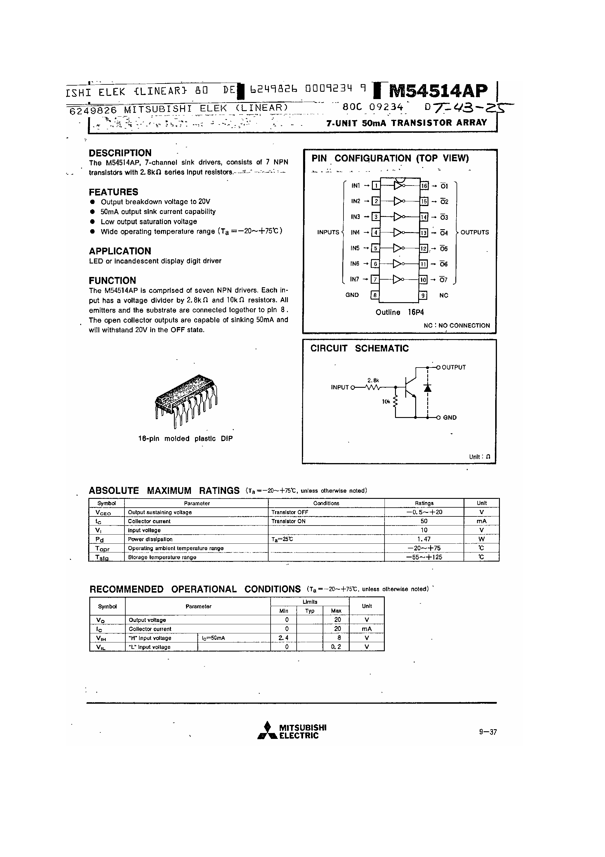 Datasheet M54514AP - 7 UNIT 50MA TRANSISTOR ARRAY page 1
