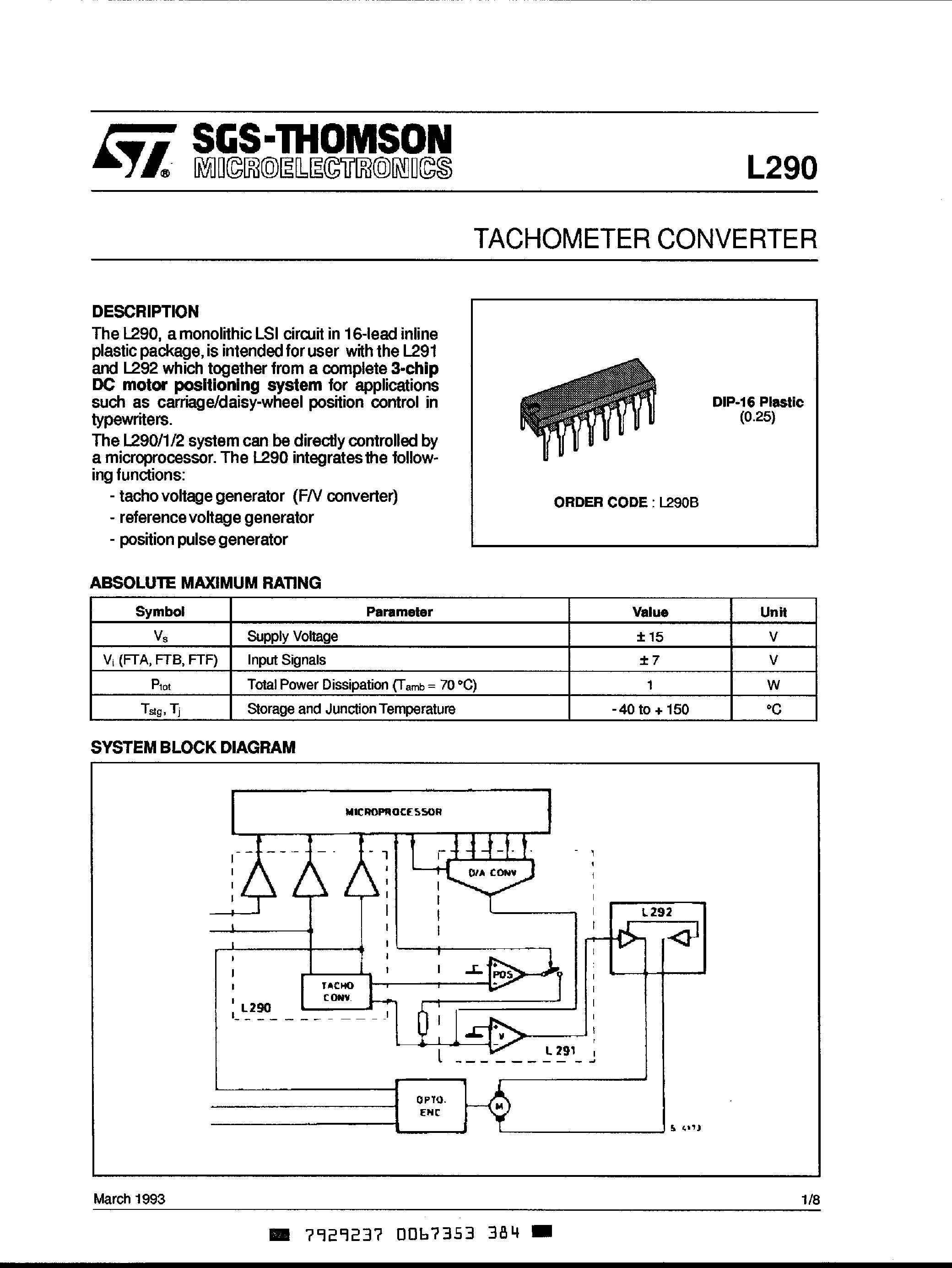 Datasheet L-290 - Tachometer Converter page 1