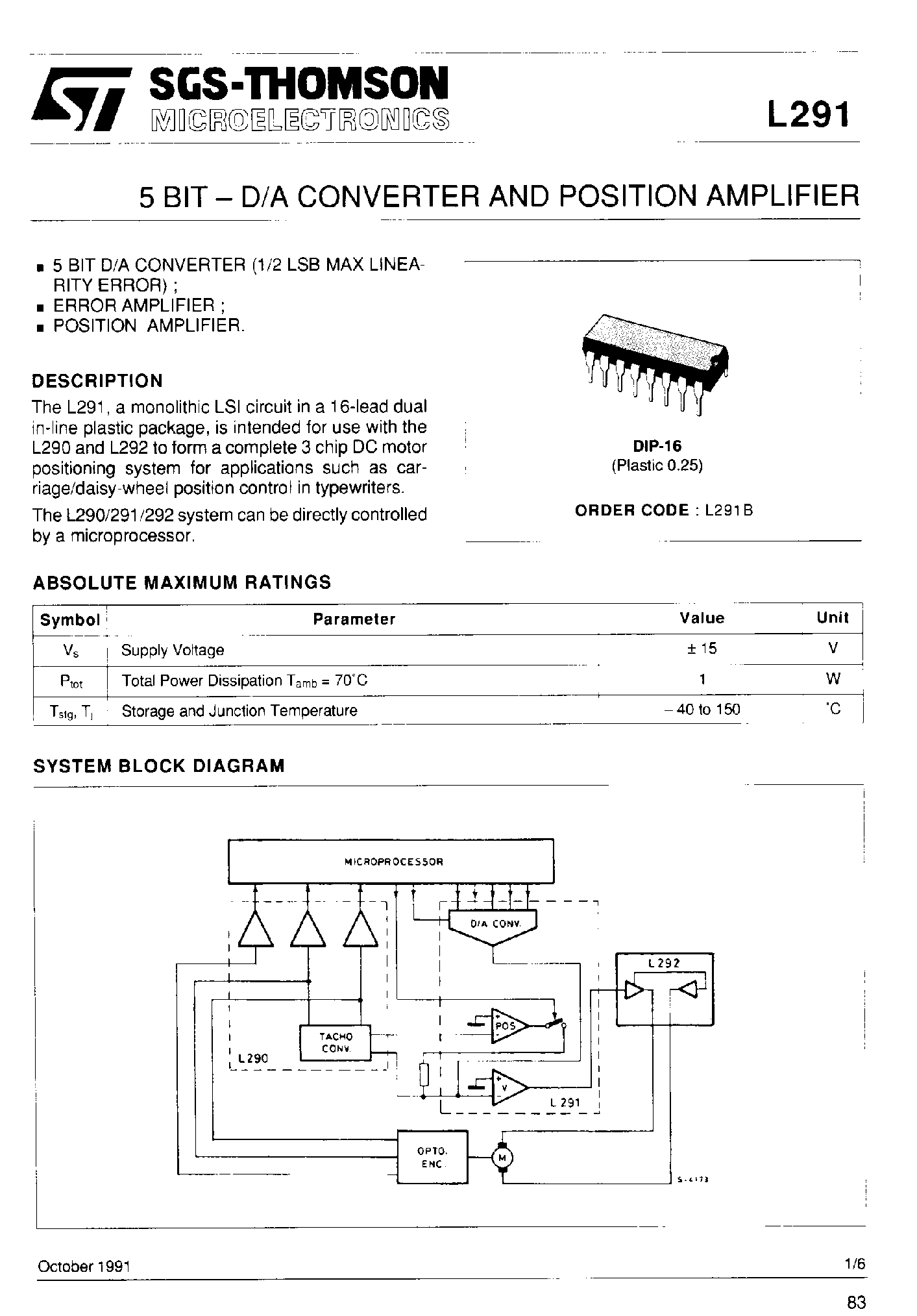 Даташит на микросхему L291 страница 1 Даташит L291 - 5 Bit D/A Converter and Position Amplifier страница 1