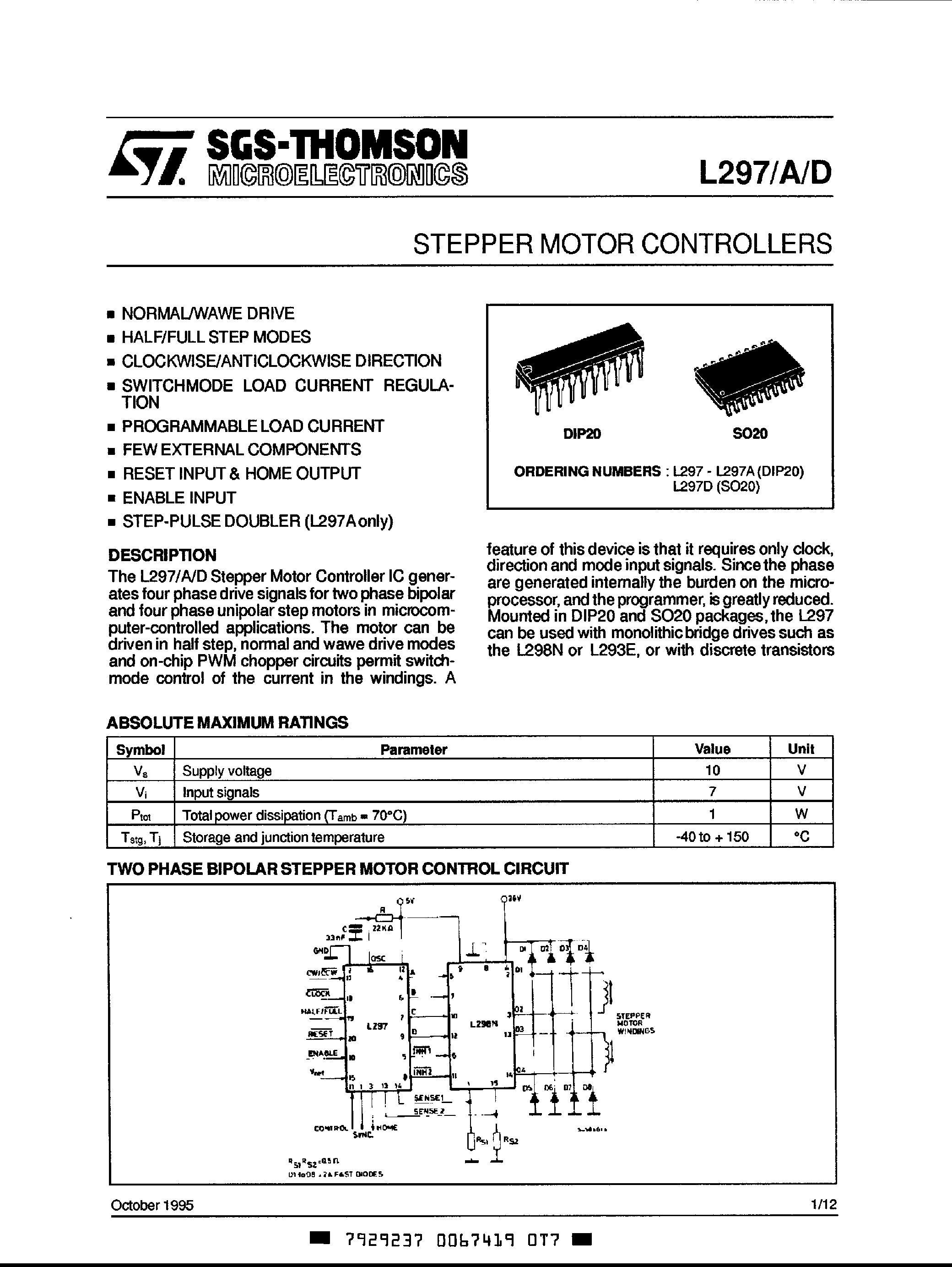 Даташит L297 - Stepper Motor Controllers страница 1