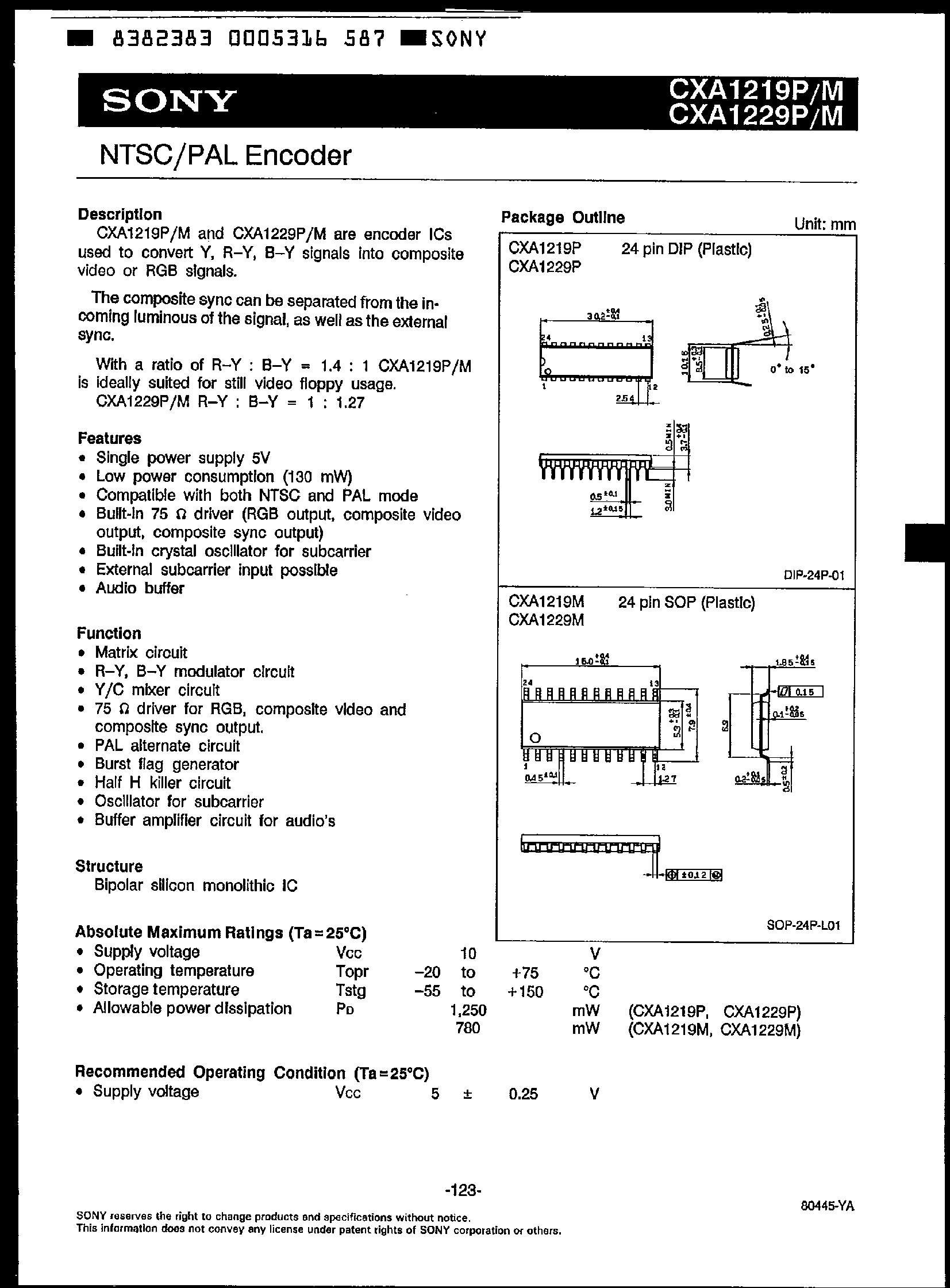 Даташит CXA1219 - NTSC / PAL Encoder страница 1