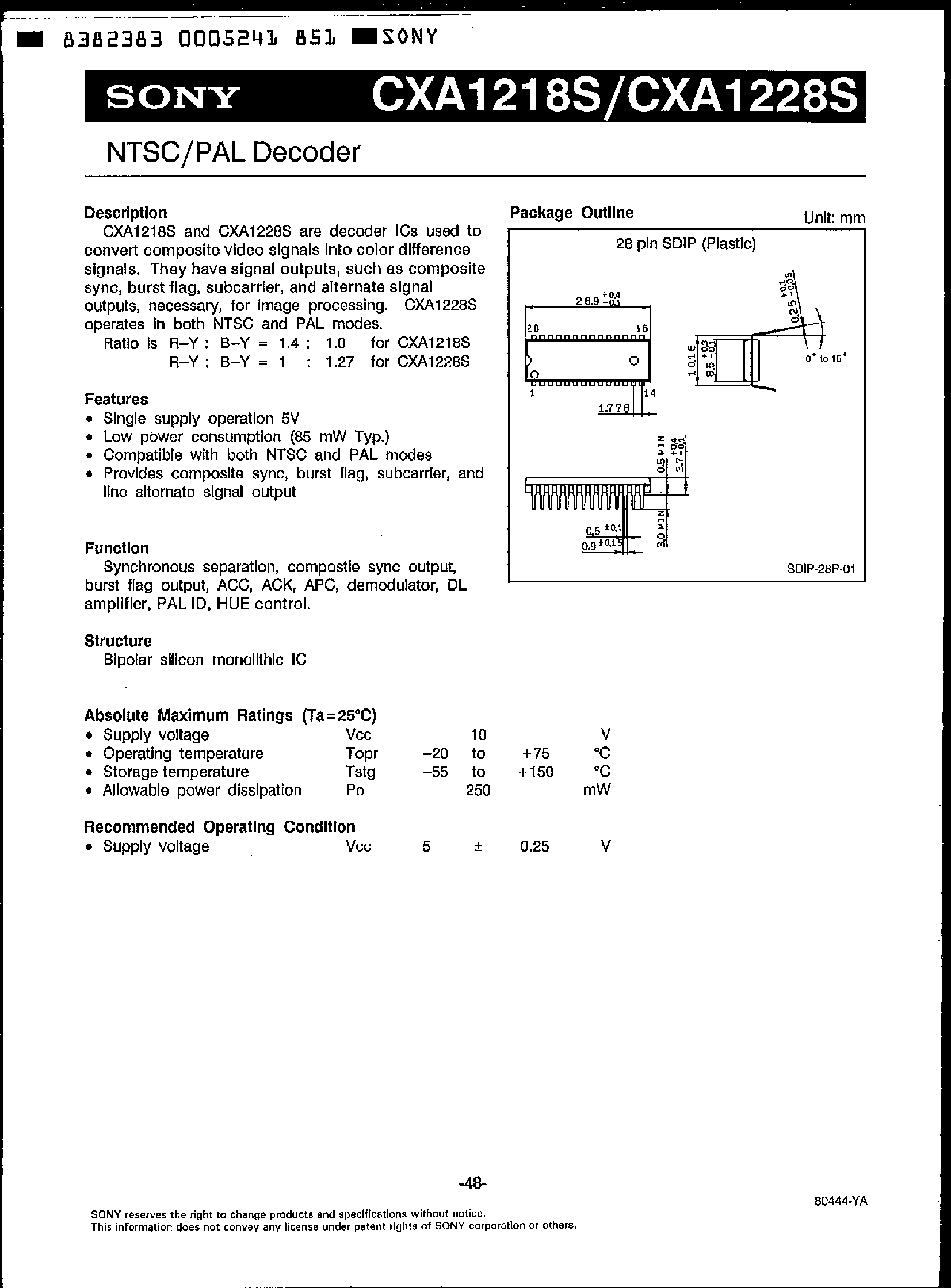 Даташит CXA1218S - NTSC / PAL Decoder страница 1