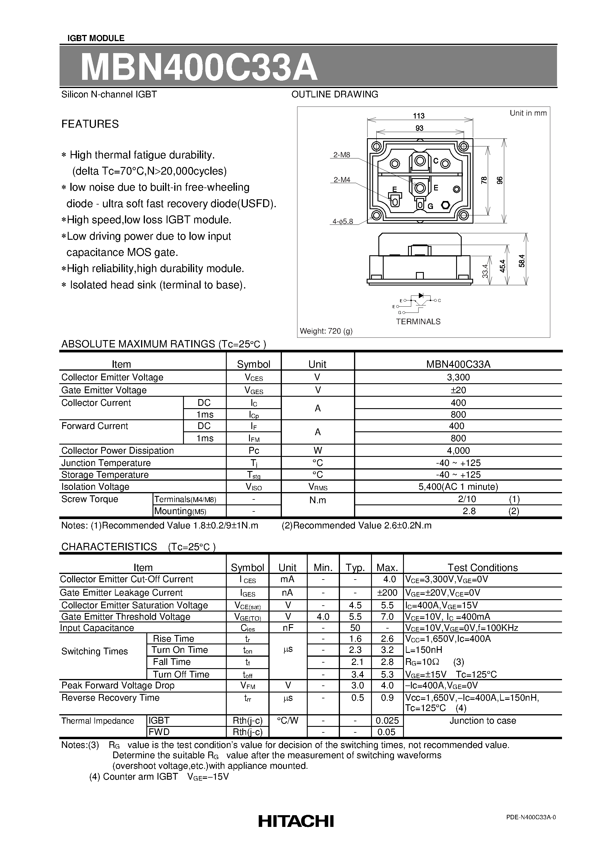 Datasheet MBN400C33A - IGBT Module / Silicon N Channel IGBT page 1