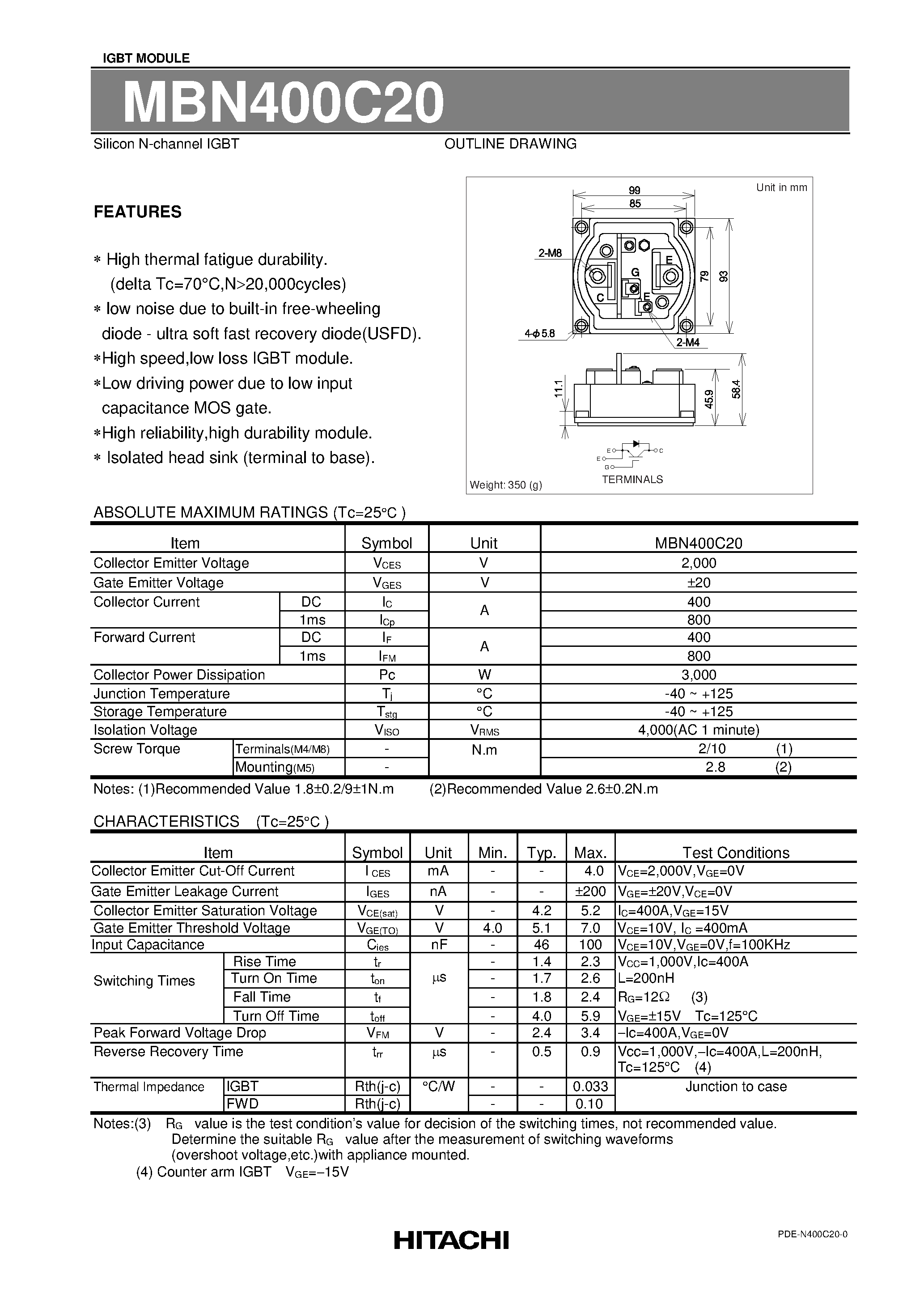 Datasheet MBN400C20 - IGBT Module / Silicon N Channel IGBT page 1