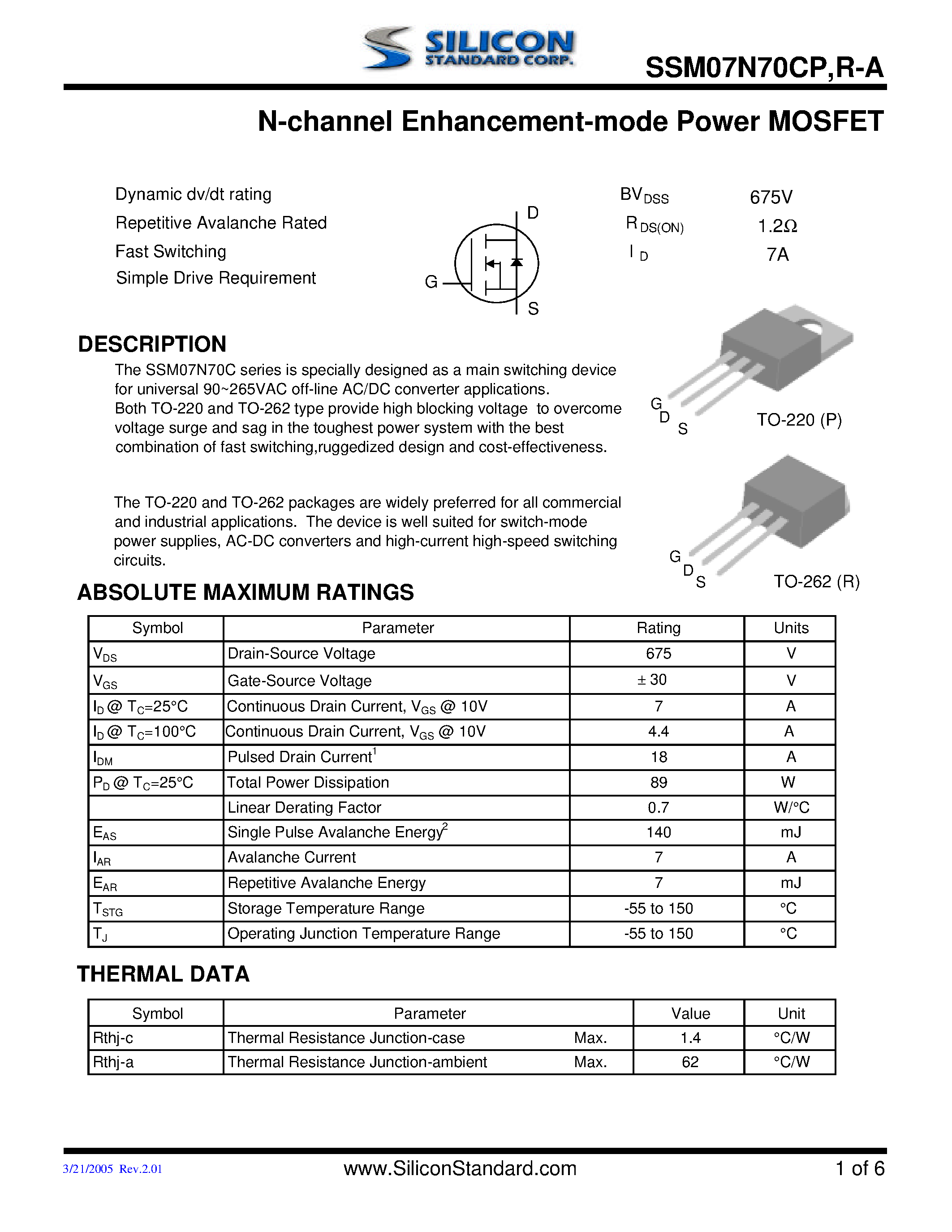 Даташит на микросхему SSM07N70CR-A страница 1 Даташит SSM07N70CR-A - N Channel Enhancement mode Power MOSFET страница 1